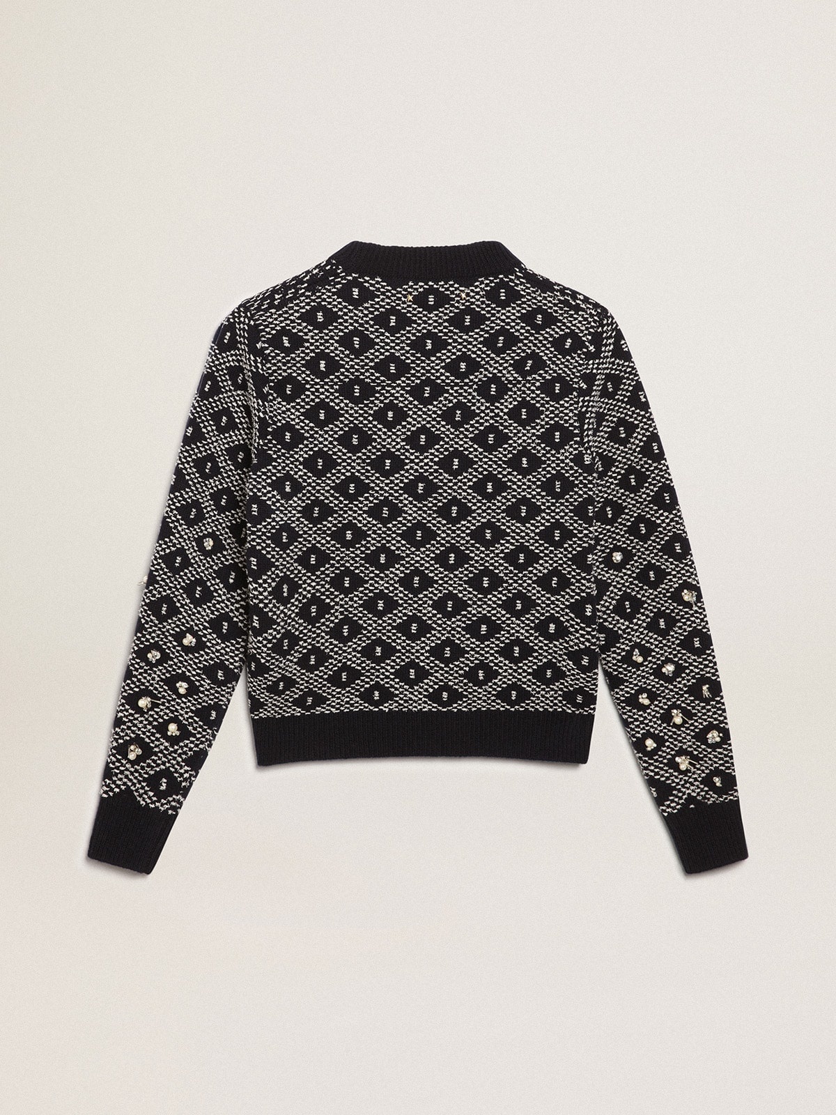 Women's round-neck sweater with white and blue geometric motifs - 7