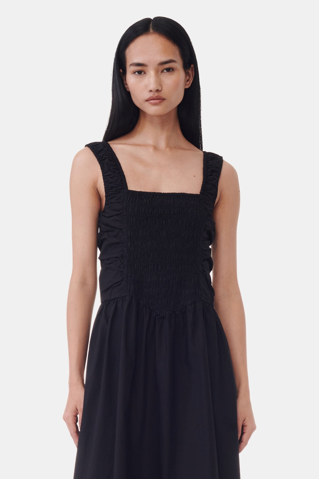 BLACK COTTON POPLIN MIDI STRAP SMOCK DRESS - 3