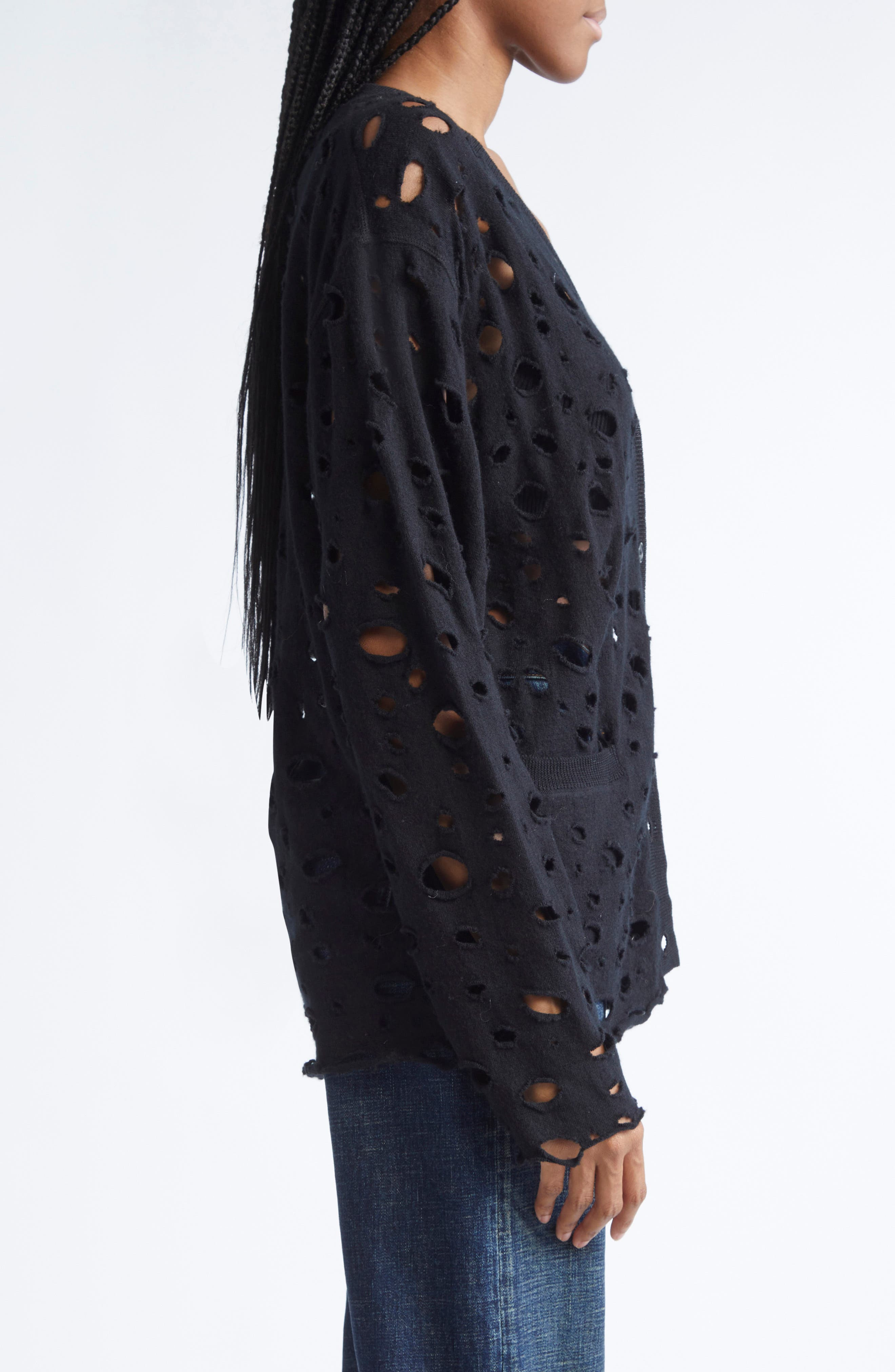 R13 Ripped Merio Wool Boyfrined Cardigan in Black at Nordstrom - 4