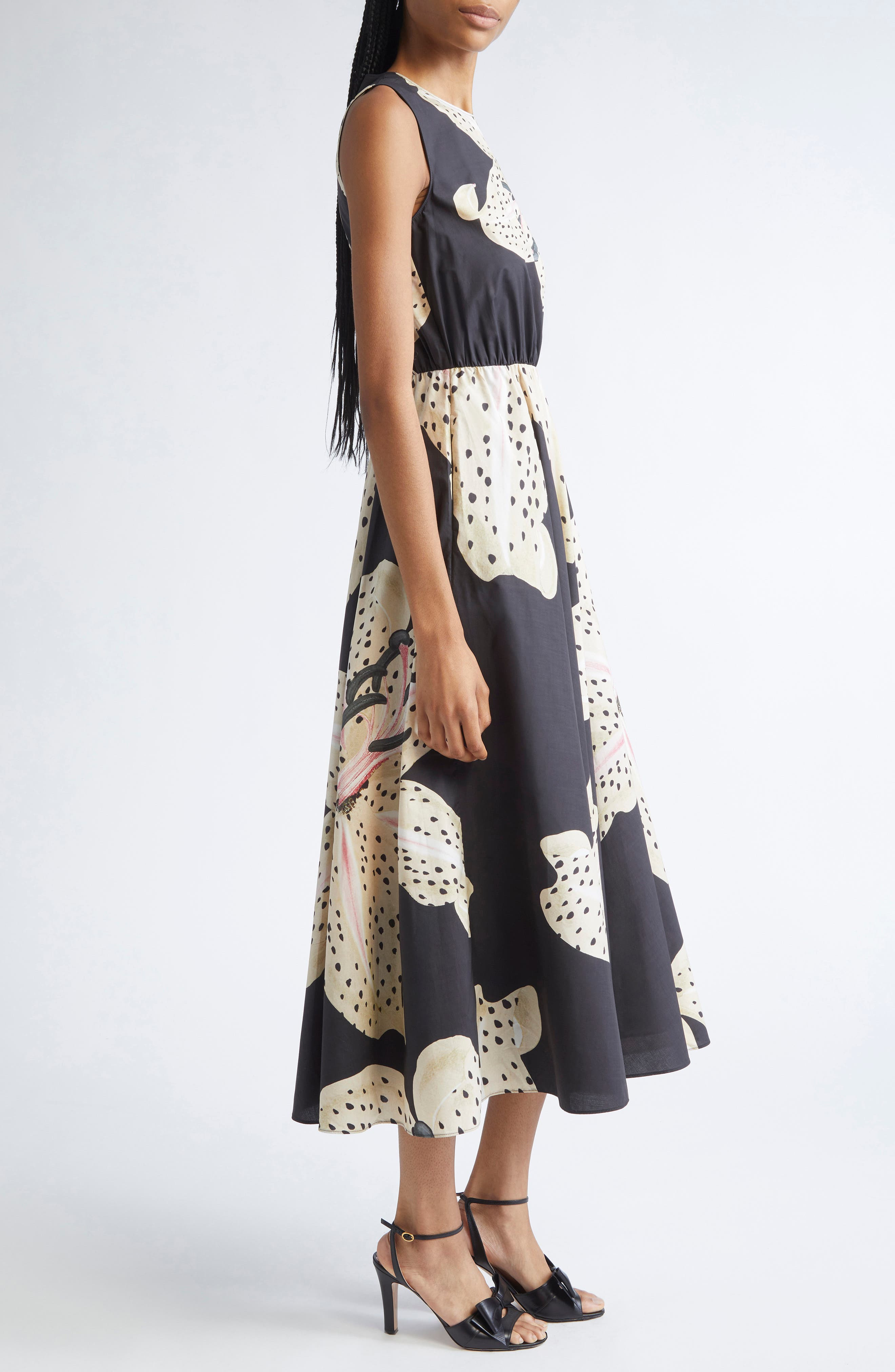 Giambattista Valli Tiger Lily Print Sleeveless A-Line Dress in Black/Ivory at Nordstrom - 3
