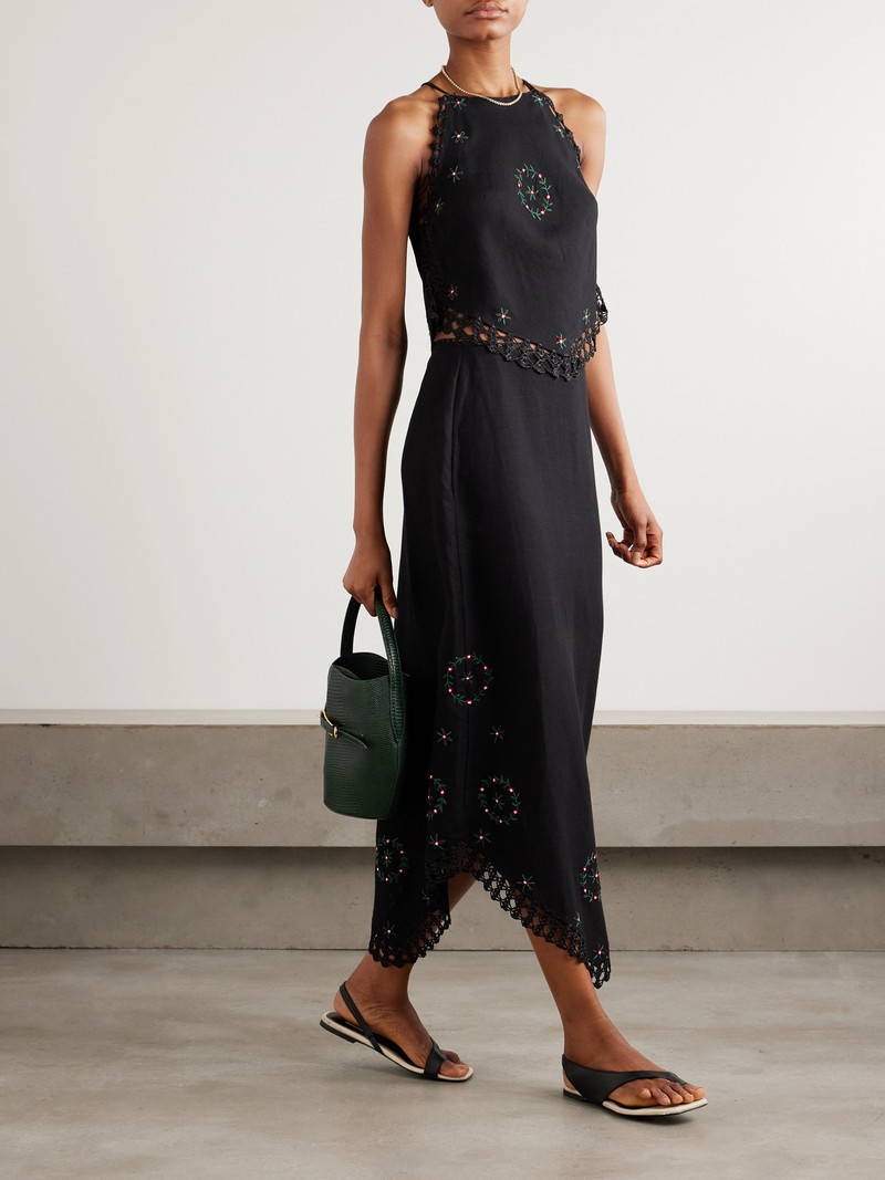 RIXO Imola Crochet-trimmed Embroidered Linen-blend Midi Skirt outlook