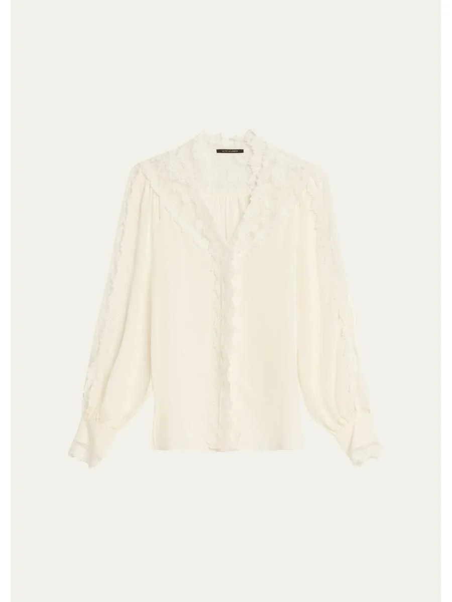 Miguel Embroidered Sheer-Inset Silk Blouse - 1