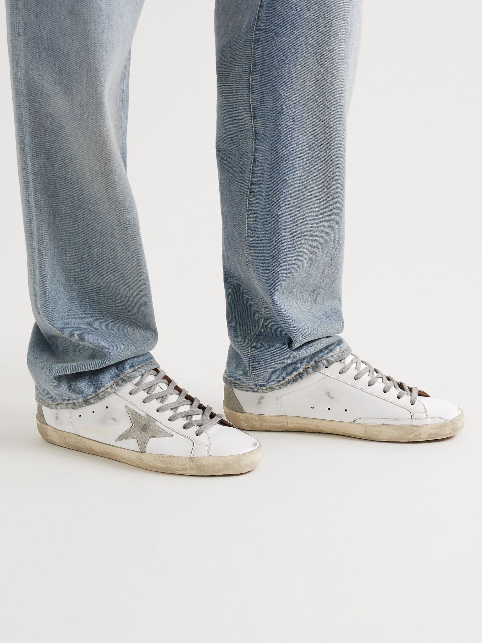 Superstar Distressed Leather and Suede Sneakers White - 3