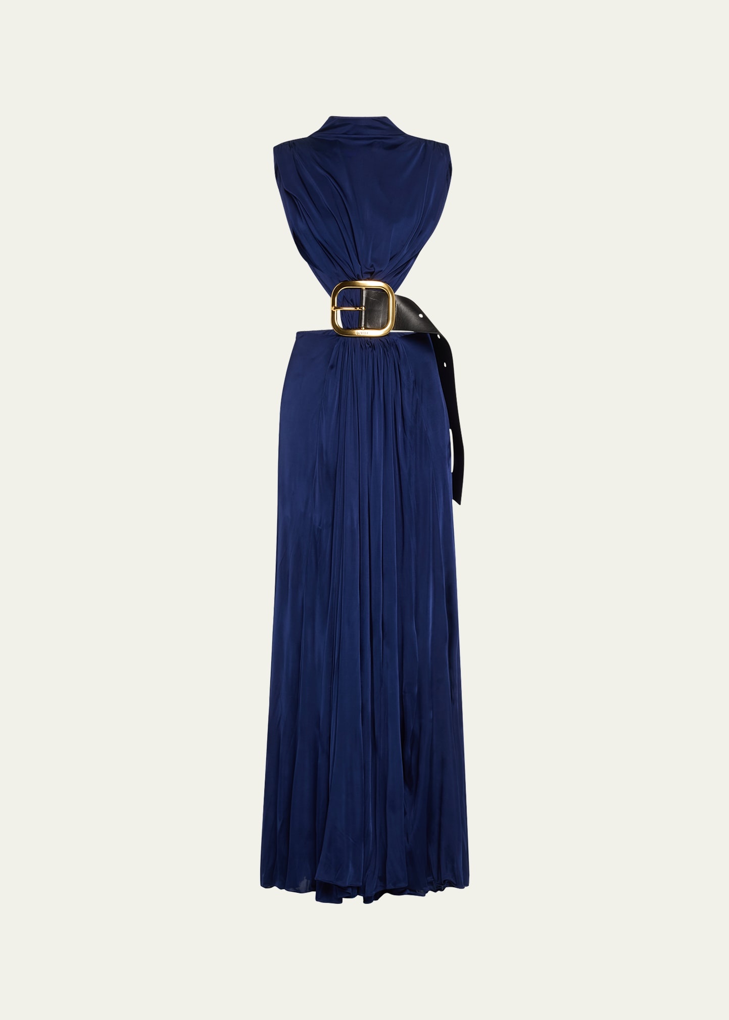 High-Neck Cutout Draped Backless Belted Gown - 1