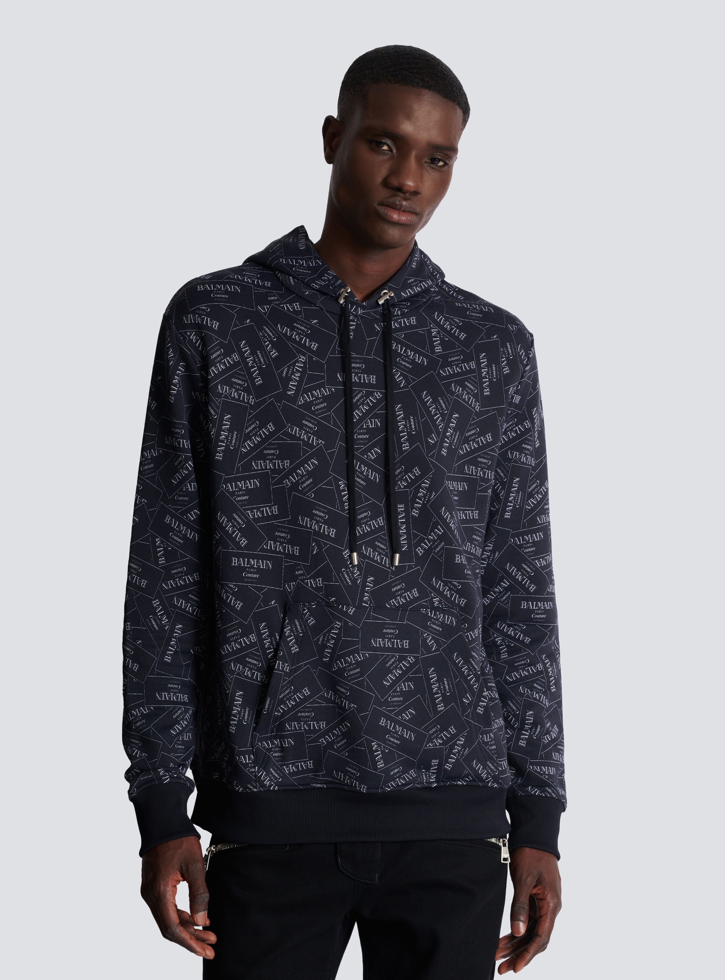 Hoodie with all-over Balmain label print - 6