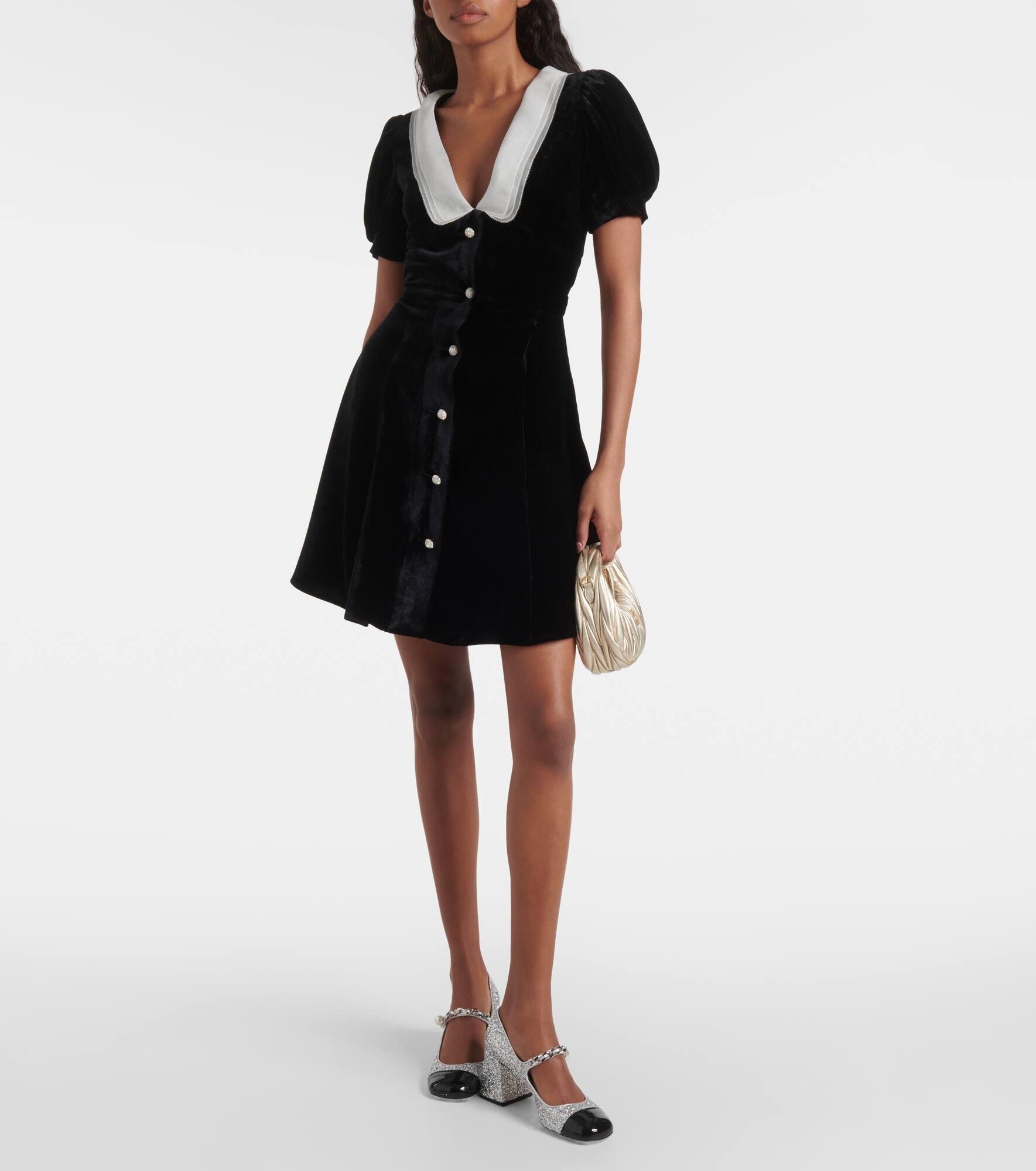 V-neck organza-trimmed velvet minidress - 2