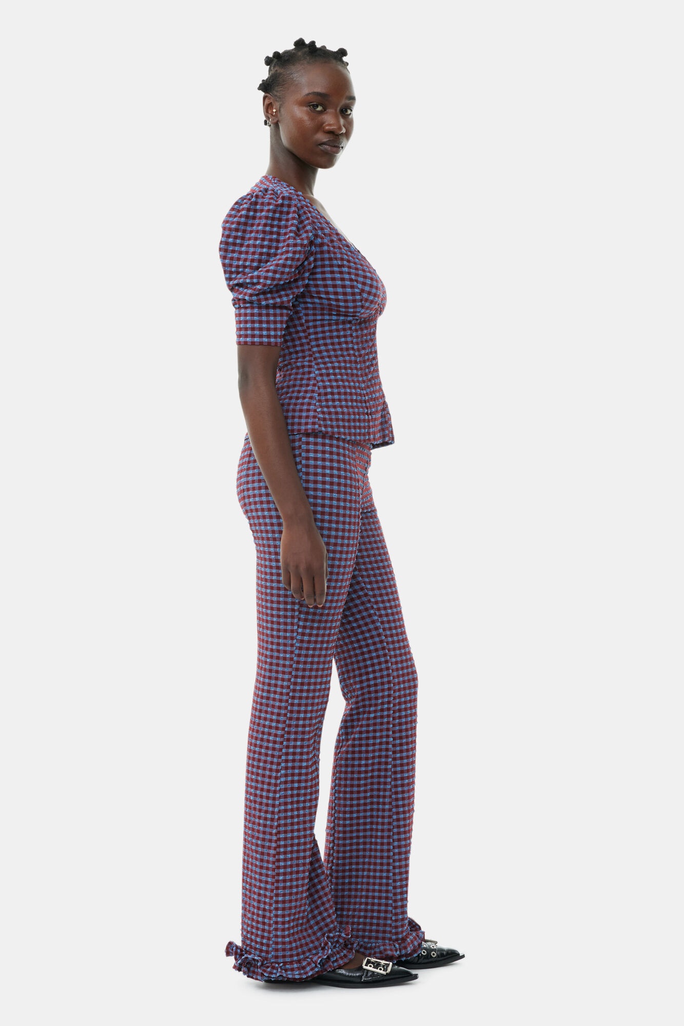 CHECKERED STRETCH SEERSUCKER FRILL PANTS - 4