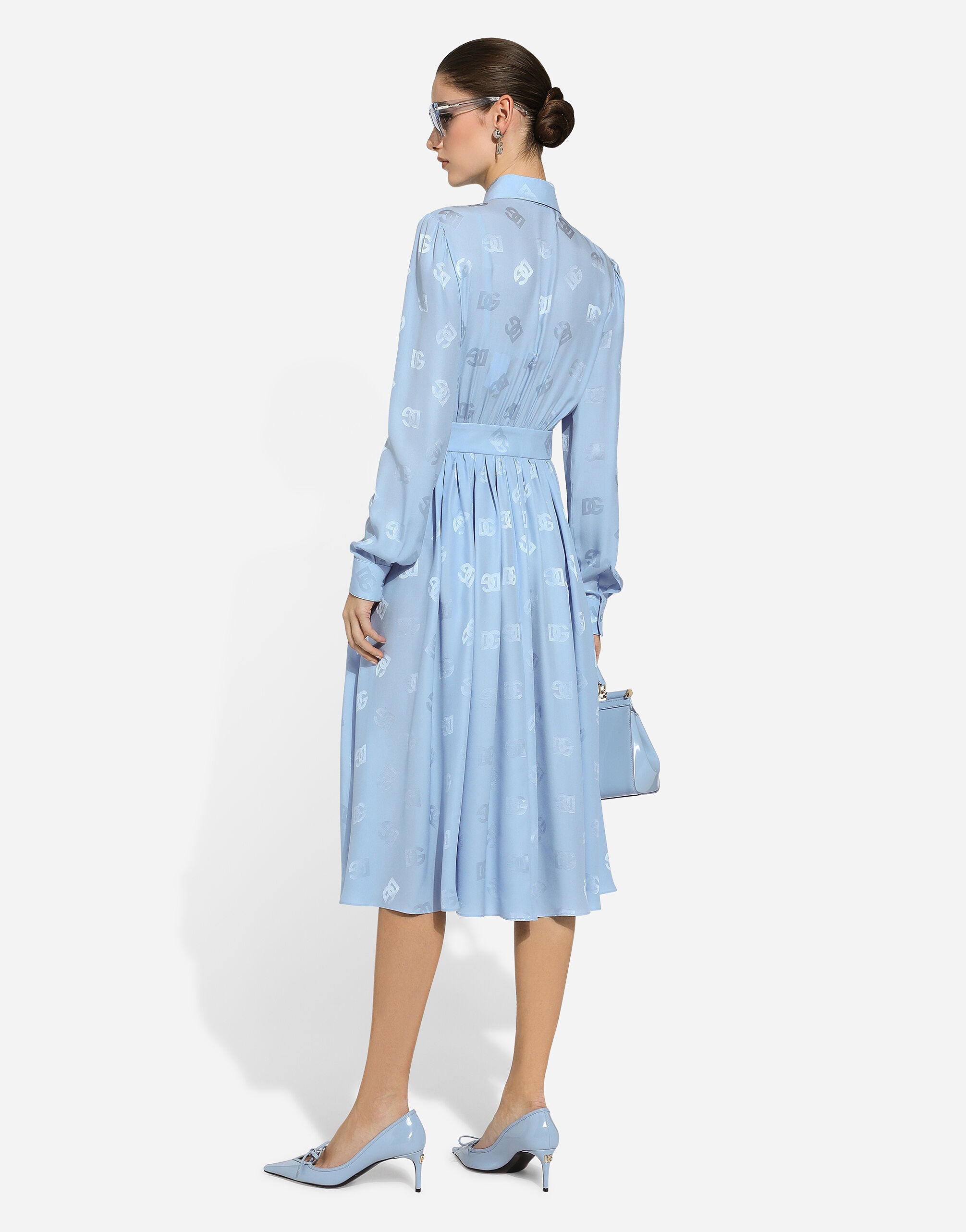 Silk satin jacquard shirt dress with DG logo - 3