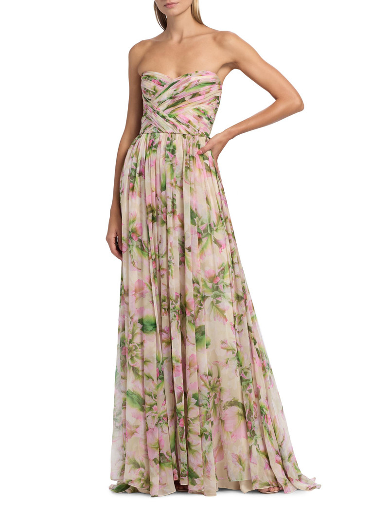 Women's Floral Chiffon Draped Strapless Gown - Carnation Multi 3