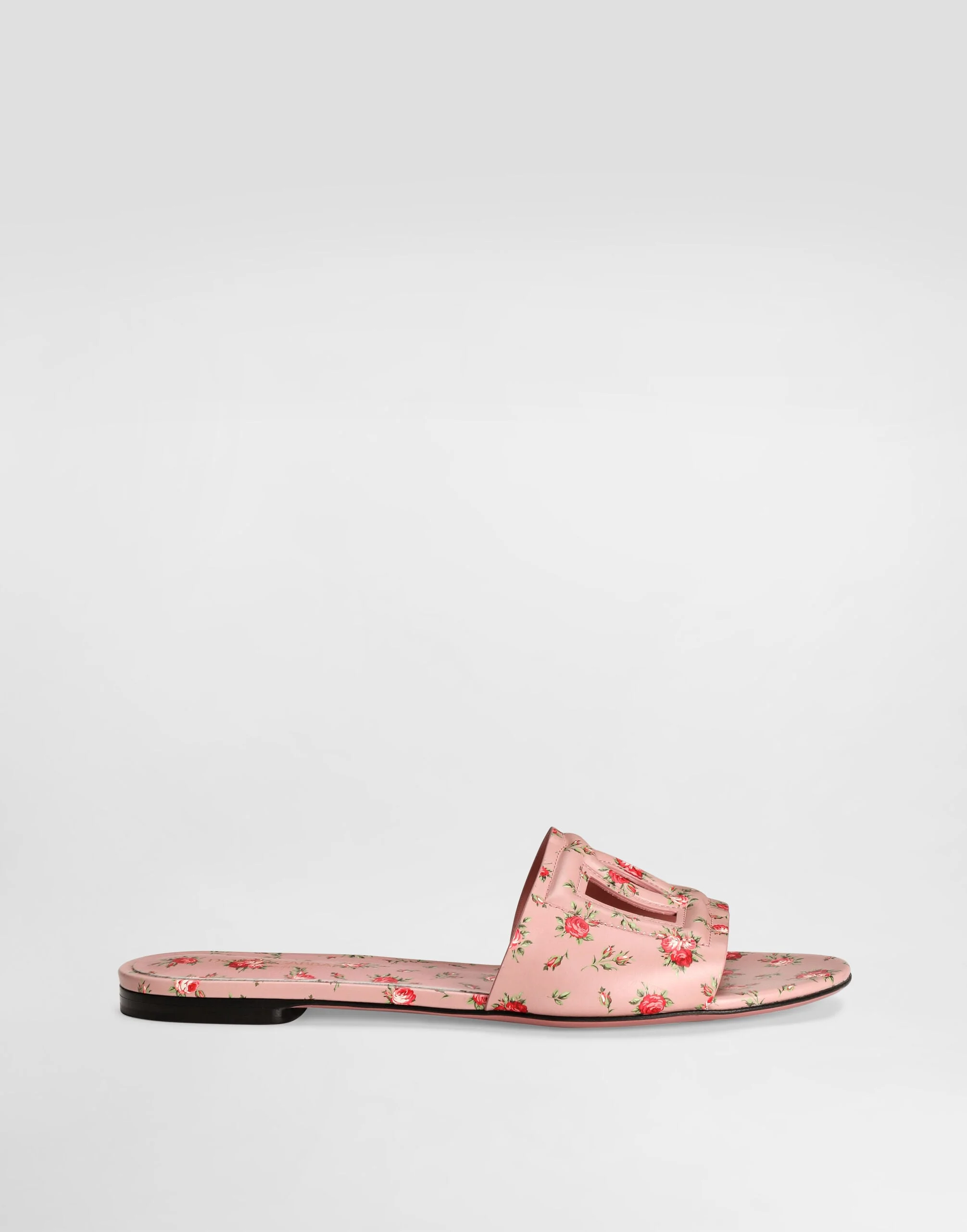 Calfskin flat slippers with little roses print - 1