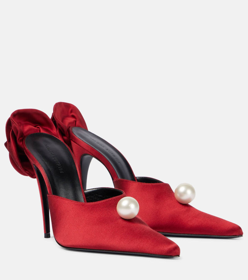 Floral-appliqué faux pearl satin mules - 1
