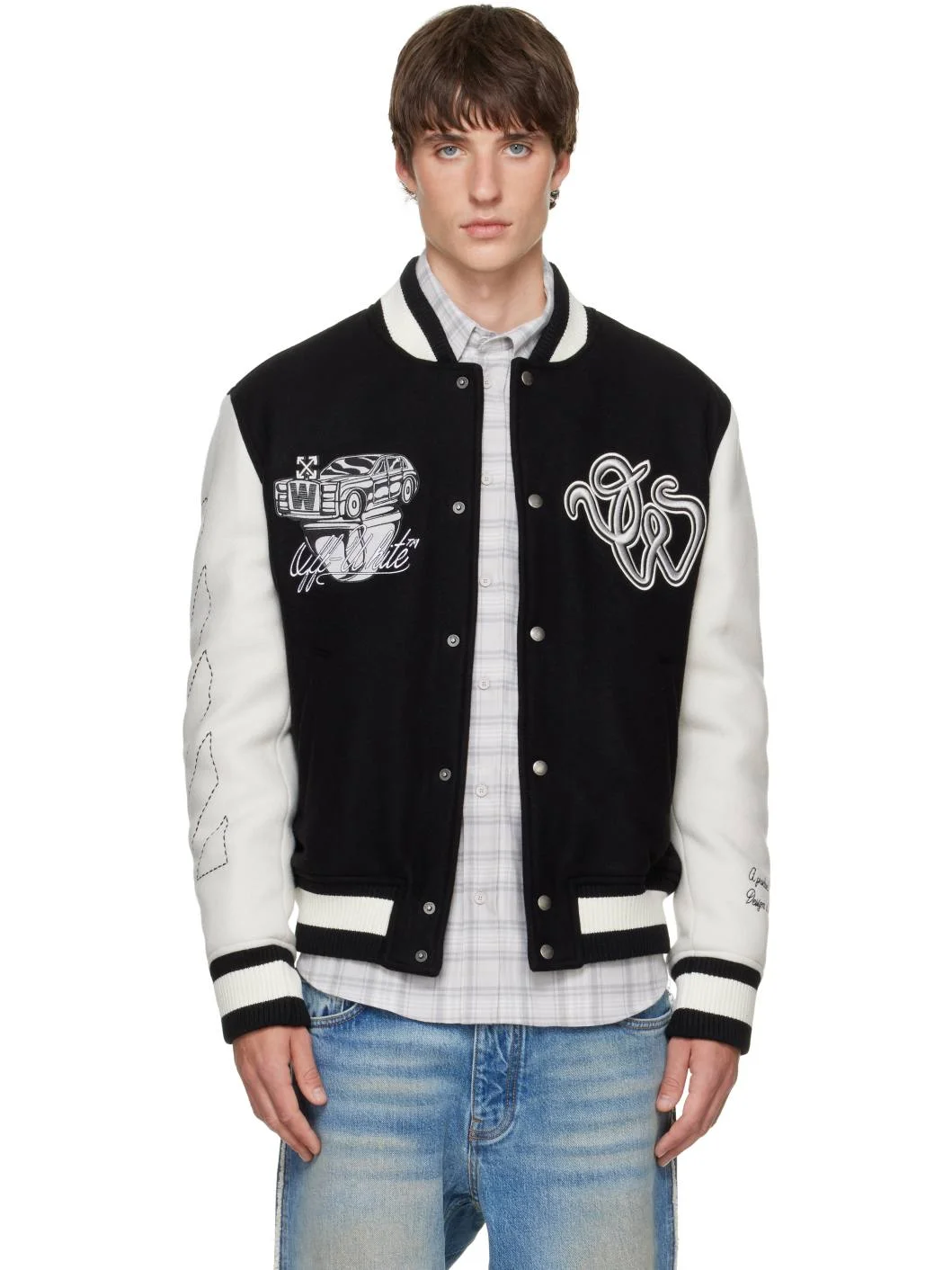 Black Wool Regular Collage Varsity Jacket - 1