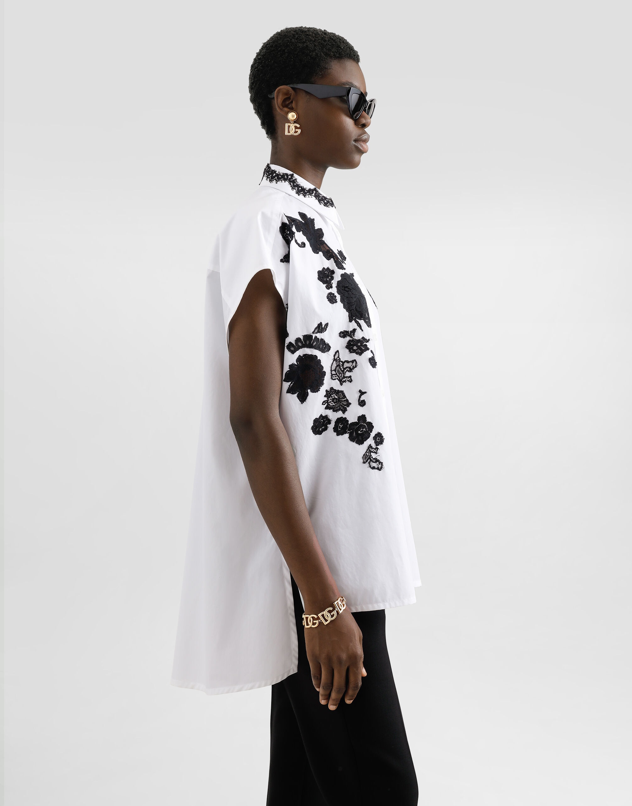 Oversize cotton poplin shirt with lace appliqués - 4