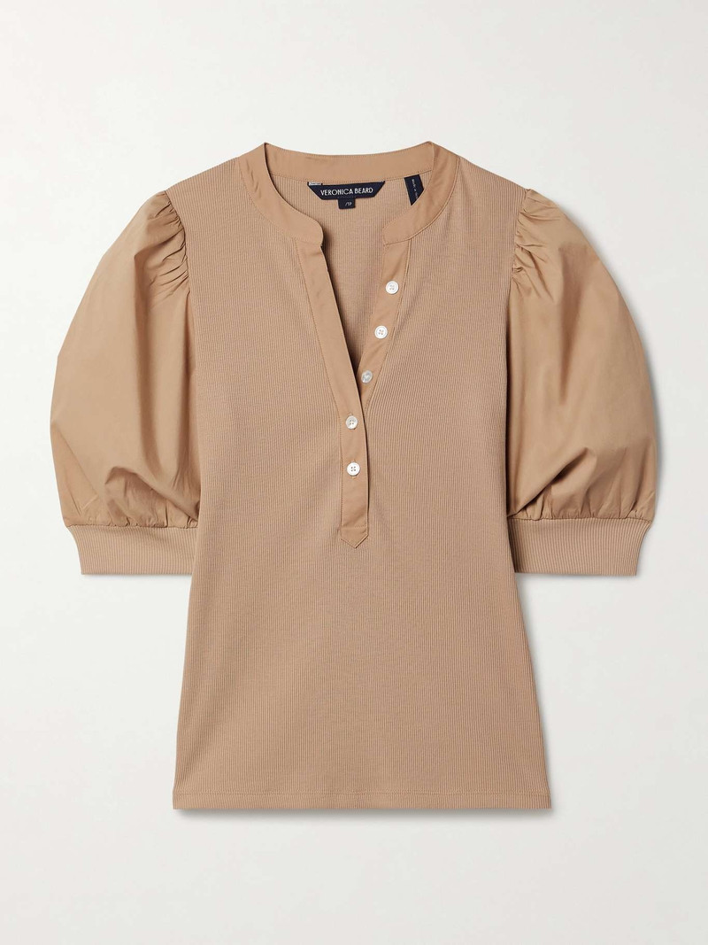 Coralee ribbed Pima cotton-blend jersey and poplin top Camel - 1