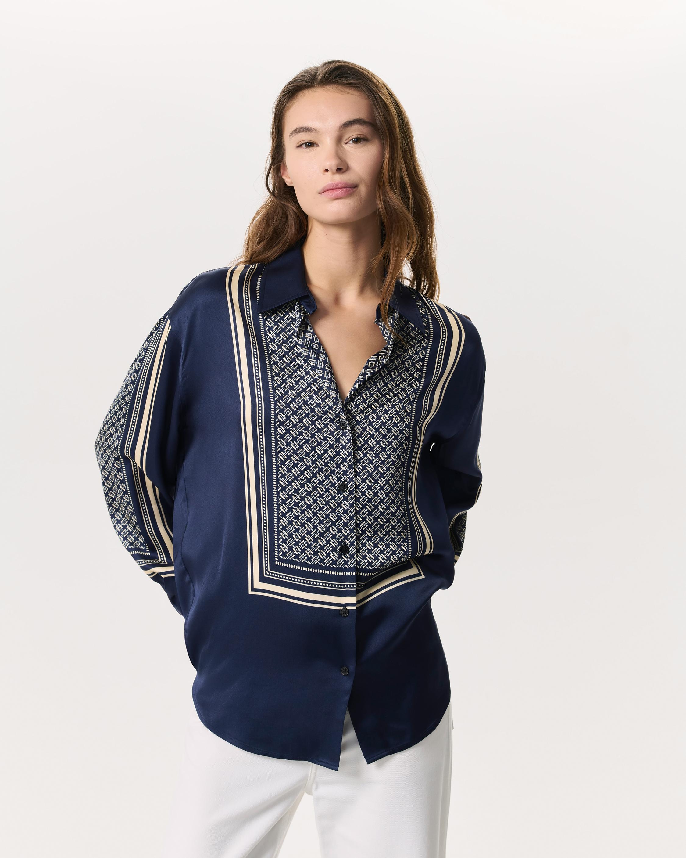Jessica Scarf-Print Satin Shirt - 2