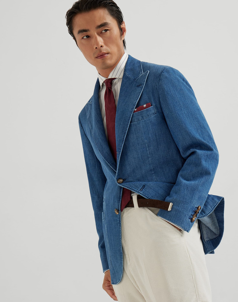Lightweight old denim deconstructed blazer with peak lapels and patch pockets 1
