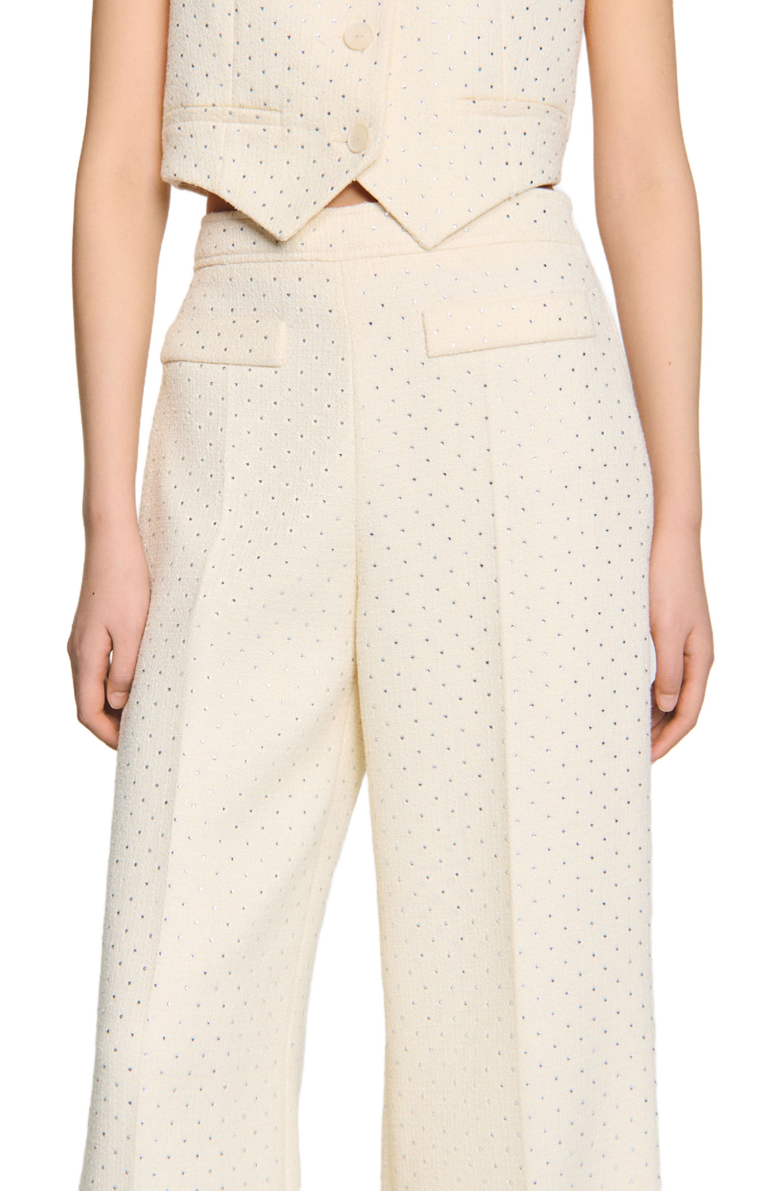 SANDRO Tweed rhinestone-covered trousers in Ecru at Nordstrom - 4