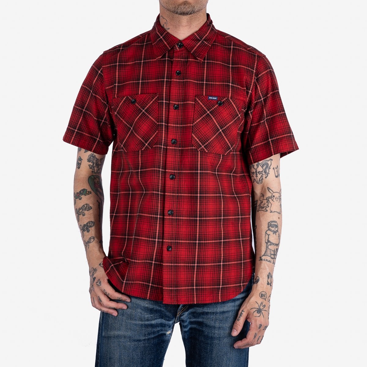 IHSH-392-RED 5oz Selvedge Short Sleeved Work Shirt - Red Vintage Check - 2