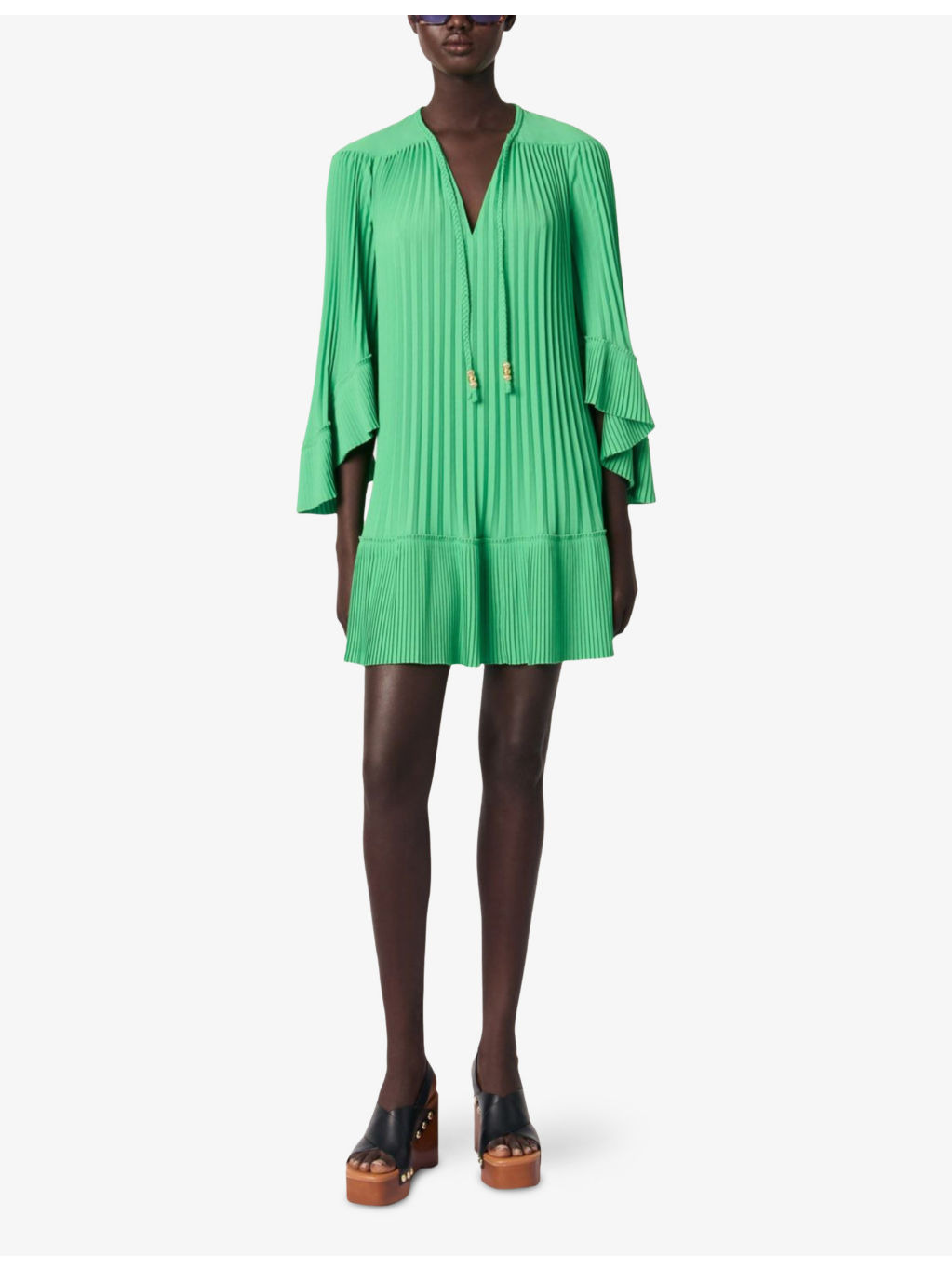 Tie-Neck Wide-Sleeve Pleated Woven Mini Dress - 2