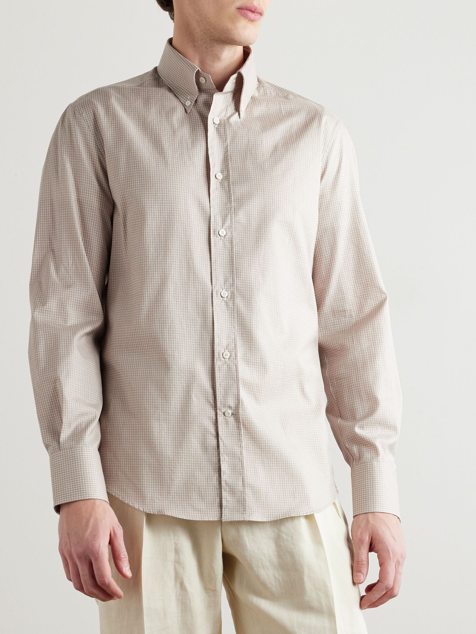 Slim-Fit Button-Down Collar Checked Cotton Shirt Beige - 3