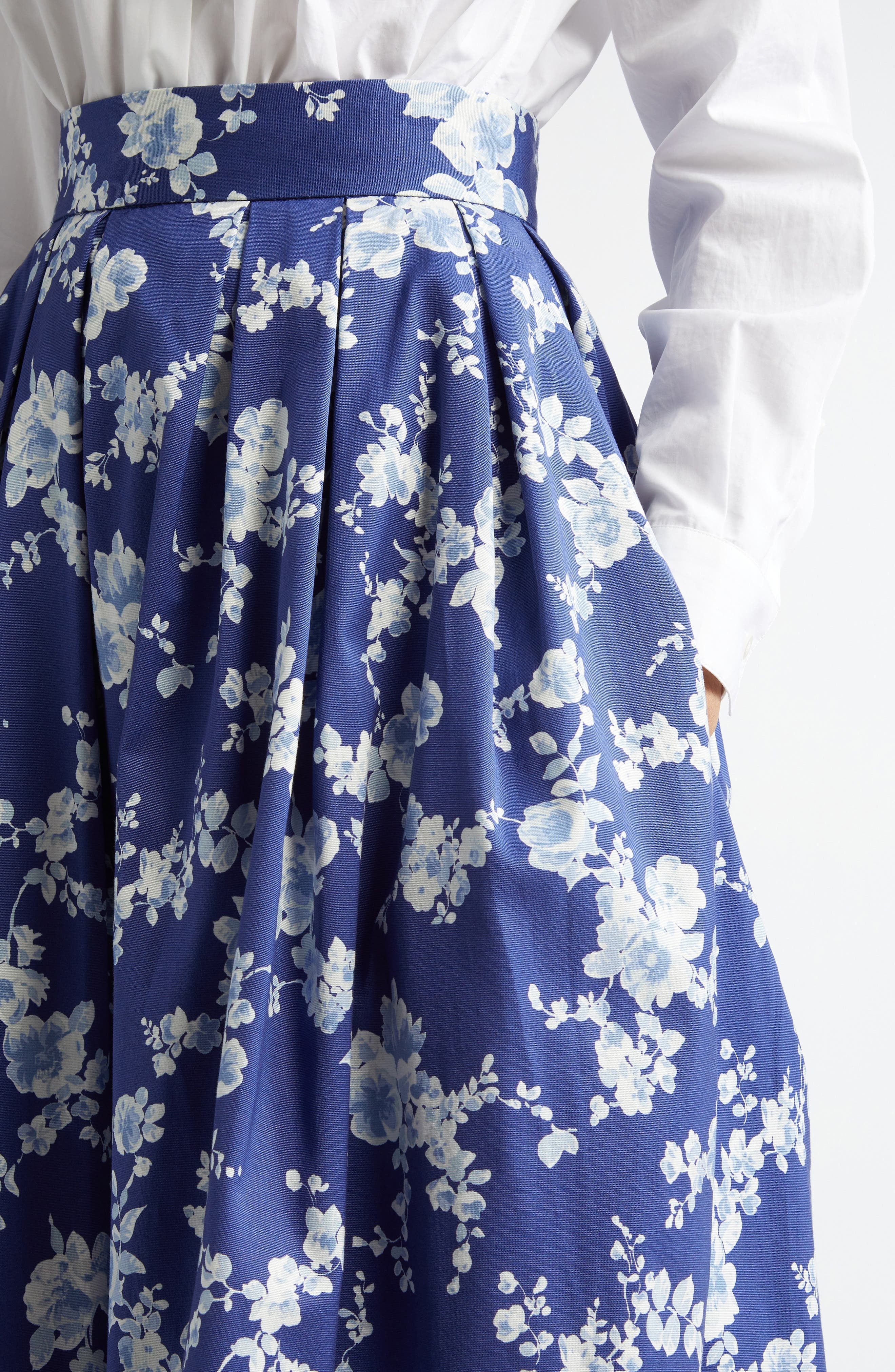 Carolina Herrera Floral Print Pleated Faille Midi Skirt in Nautilus Multi at Nordstrom - 4