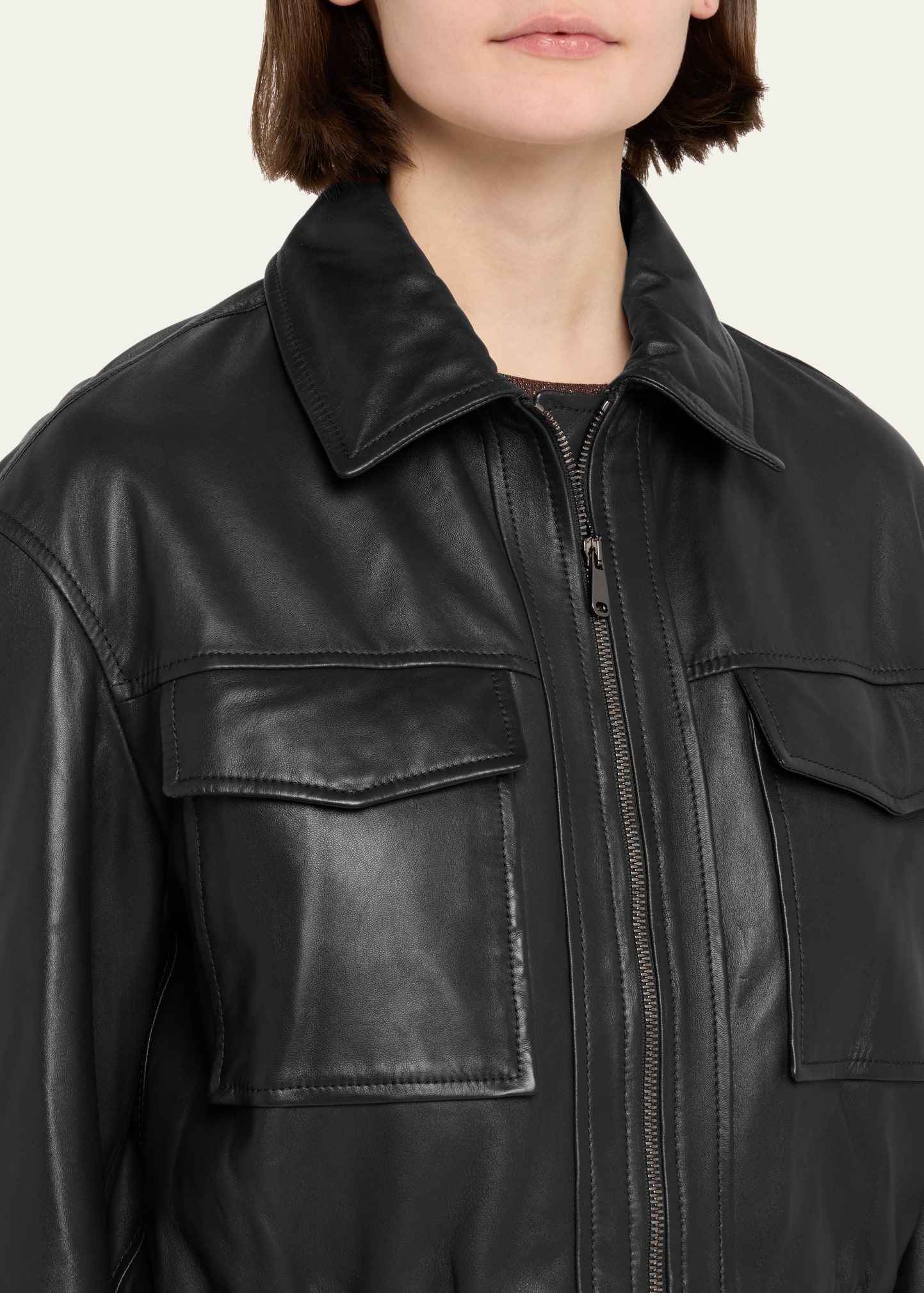 Monili-Neck Smooth Glove Leather Bomber Jacket - 5