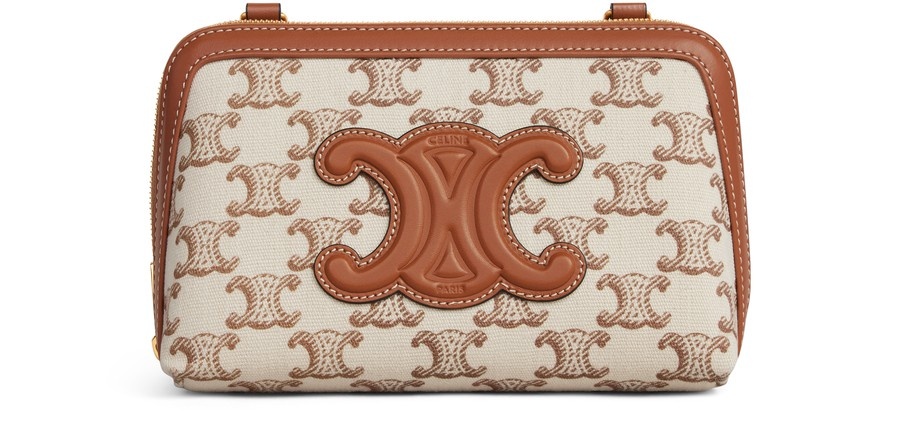 Clutch on chain cuir Triomphe in textile with Triomphe print and calfskin - 1