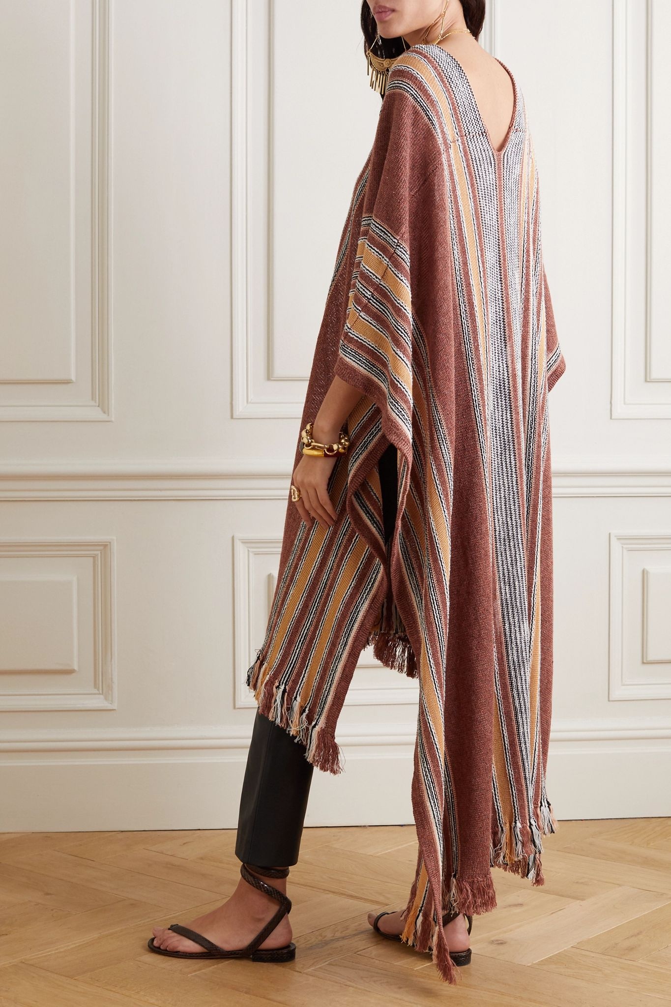 Striped linen-blend poncho - 4