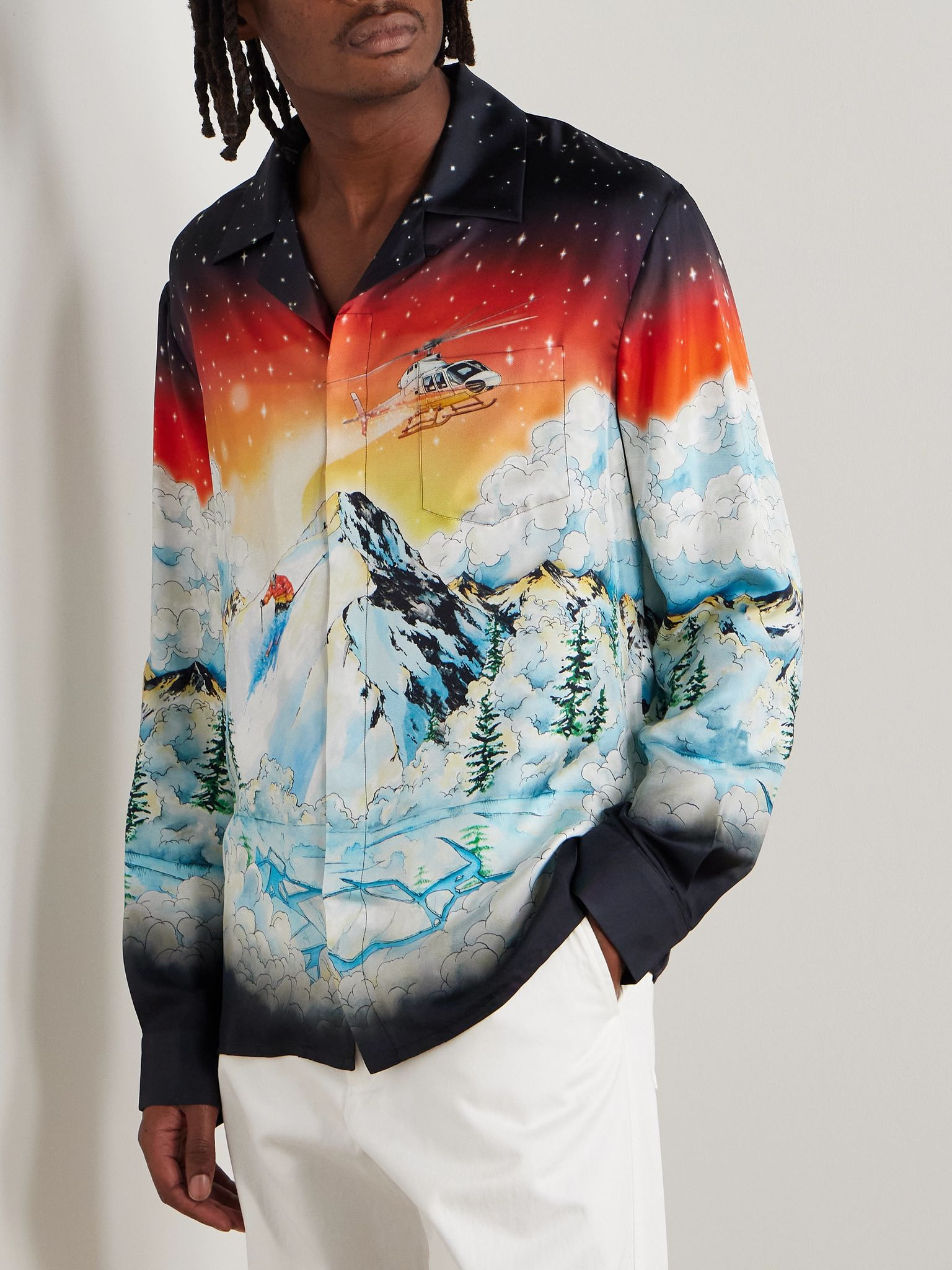 Convertible-Collar Printed Silk-Twill Shirt Black - 3