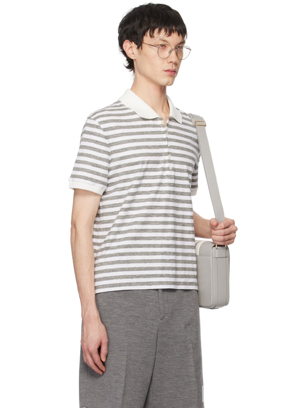 White & Gray Striped Short Sleeve Polo - 2