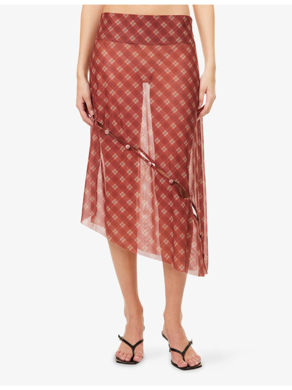 Retro Check Asymmetric Stretch-Woven Midi Skirt - 3