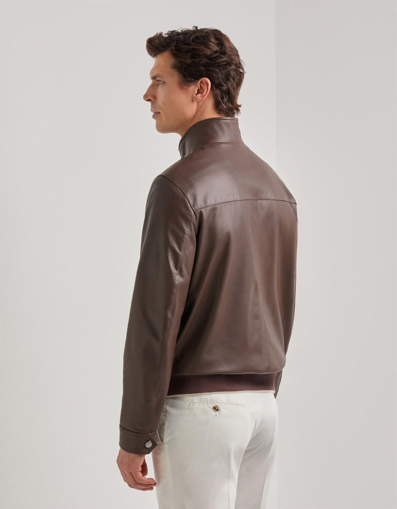 CARAMEL MIXED-MATERIAL ULTRALIGHT SUEDE BOMBER JACKET WITH KNIT INSERTS 169