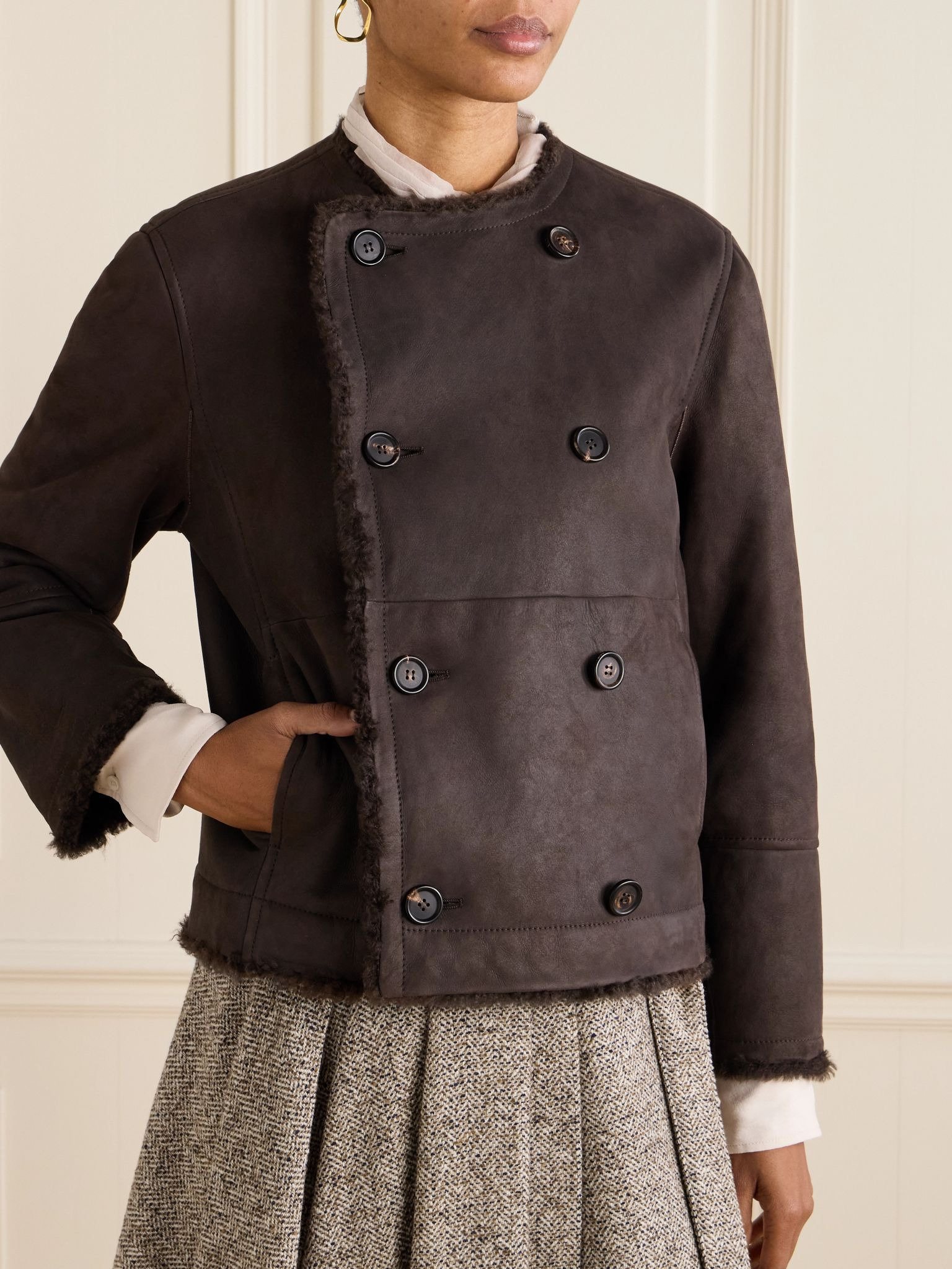 Double-breasted reversible shearling jacket Brown - 6