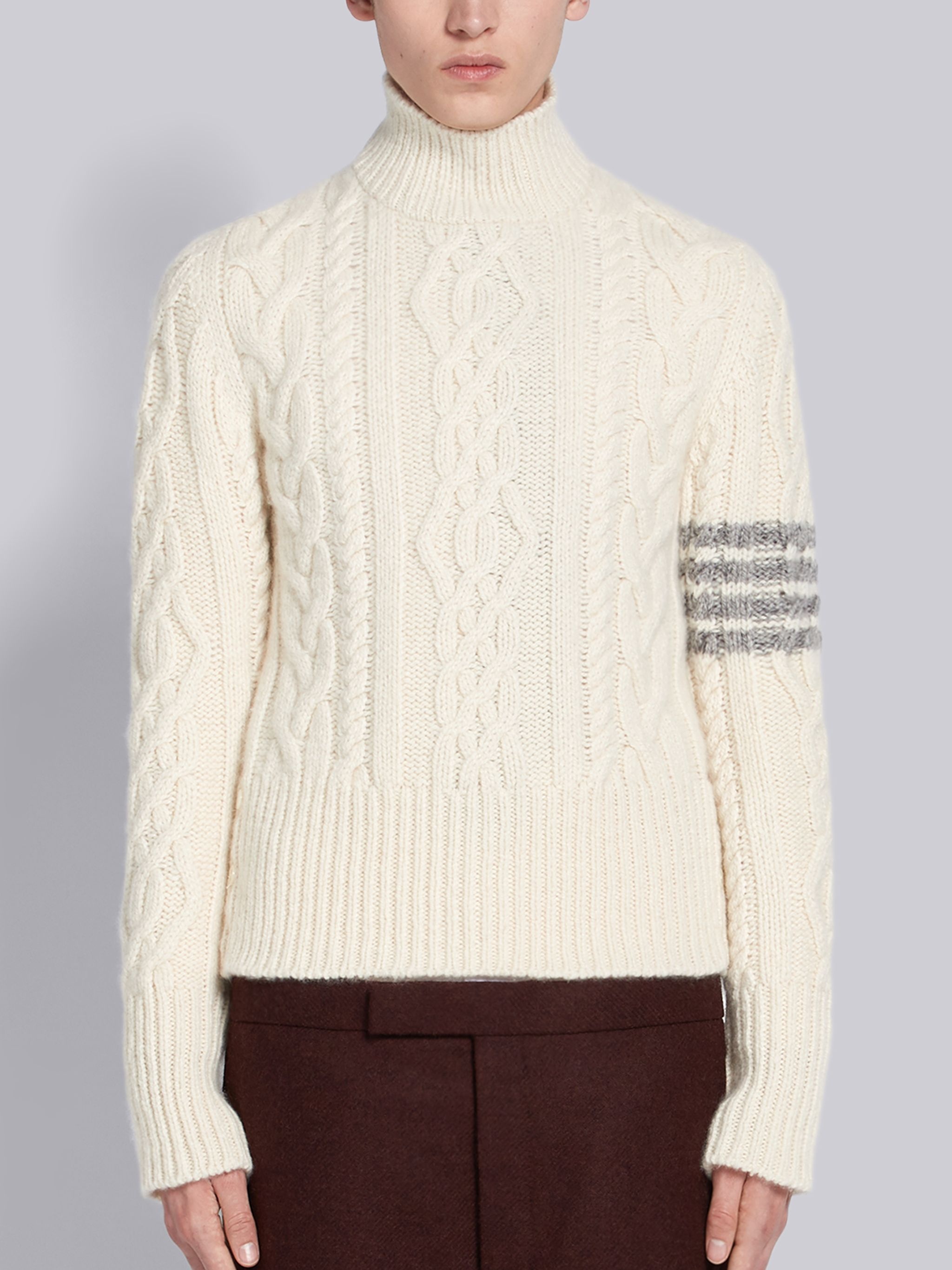 White Cashmere Aran Cable 4-bar Turtleneck - 1