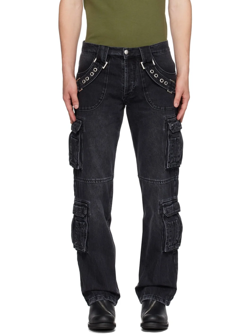 Black Faded Denim Cargo Pants - 1