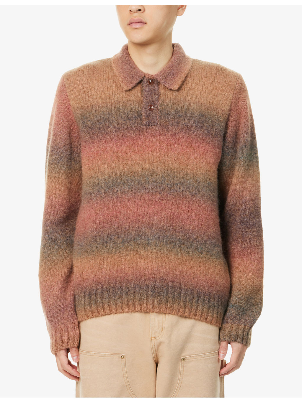 Dye-Effect Long-Sleeve Alpaca Blend Polo Knit Top - 3