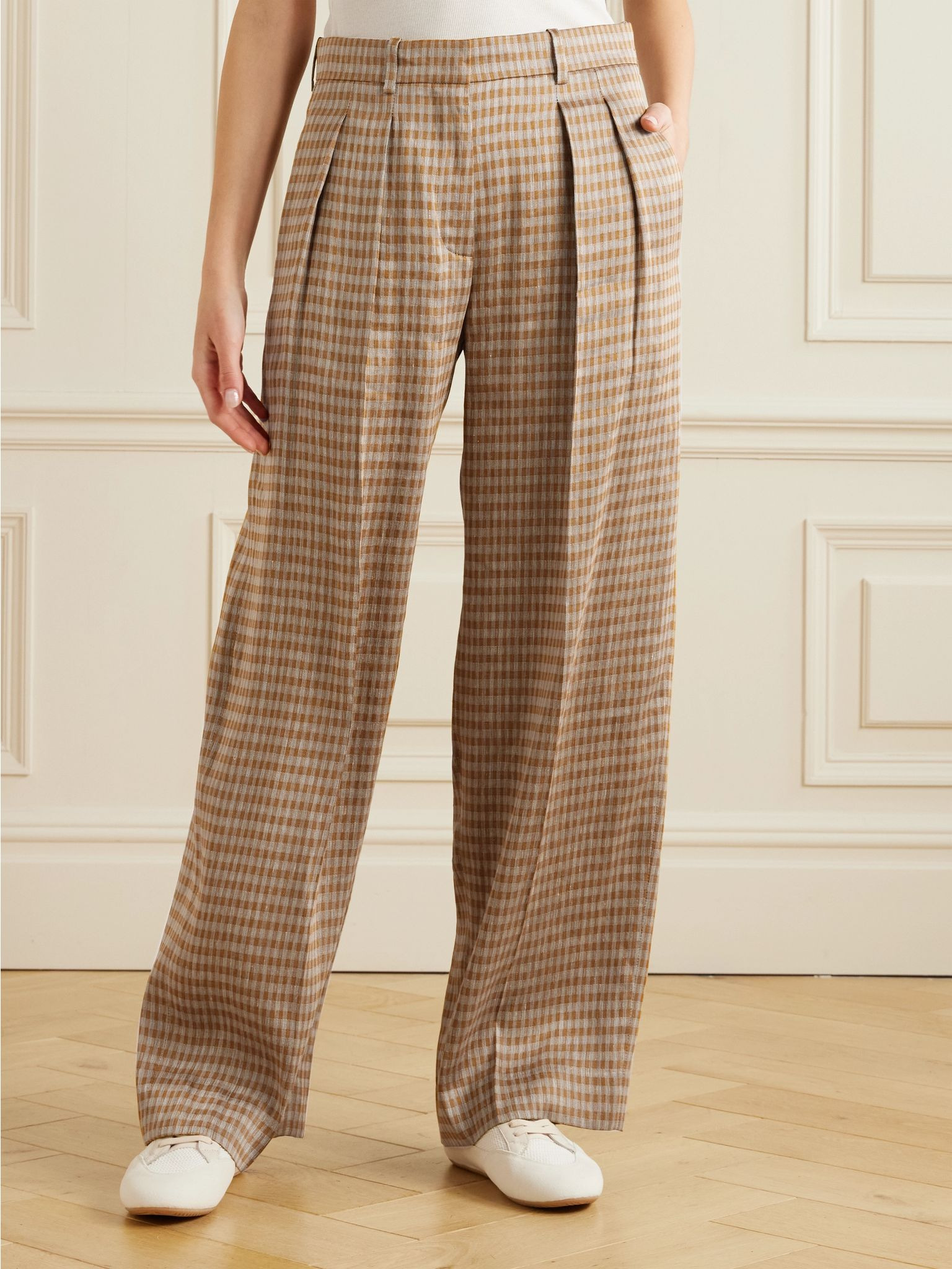 Sherry pleated checked linen-blend wide-leg pants Brown - 3