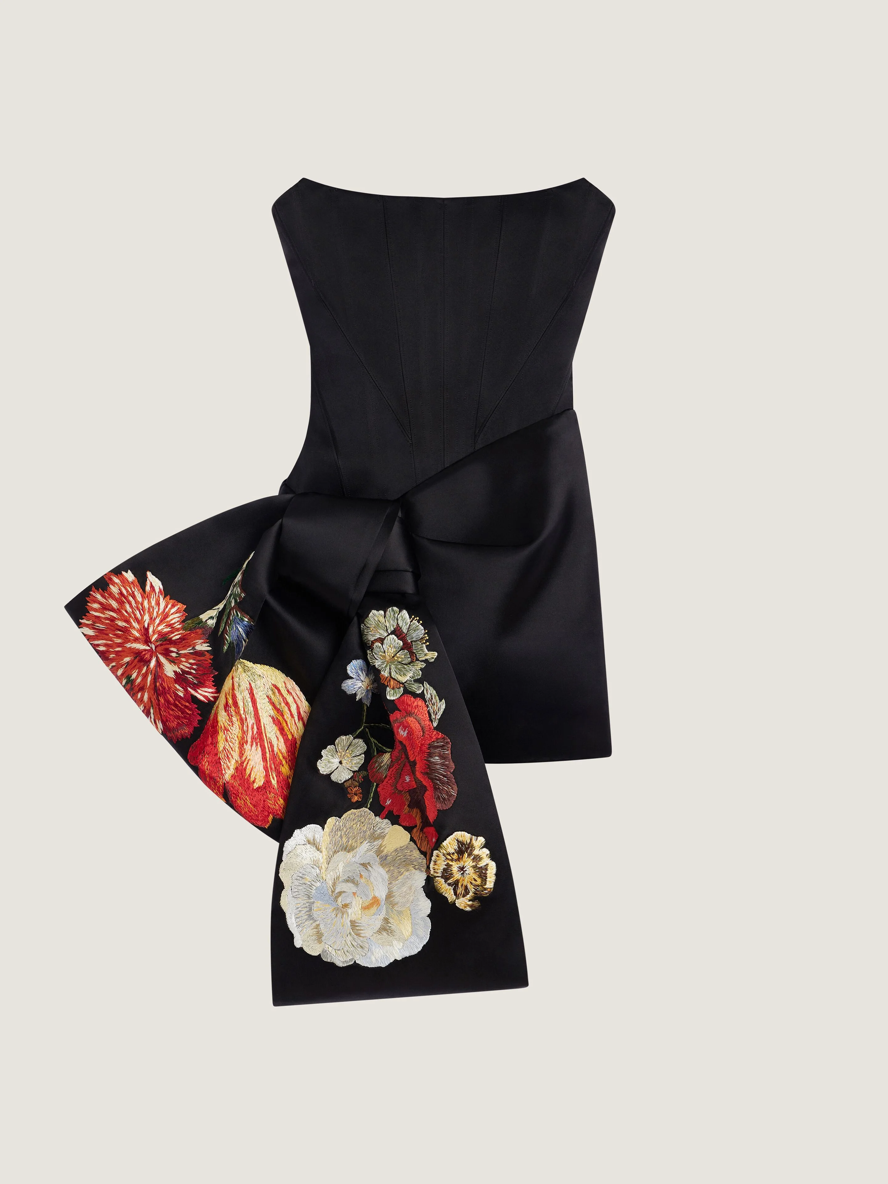MINI BUSTIER DRESS IN SATIN WITH FLORAL EMBROIDERY AND BOW - 1