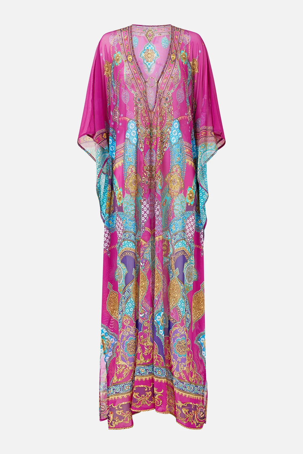 LONG V NECK KAFTAN WITH RING FRONT TRIM - 1