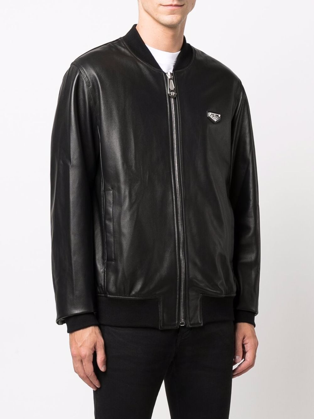 logo-plaque leather bomber jacket - 3