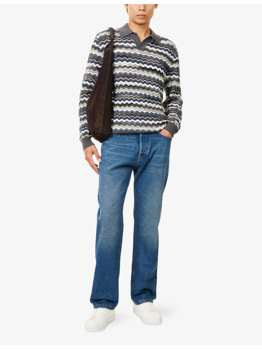 Zig-Zag Pattern Long-Sleeve Cotton And Wool Polo Shirt - 2