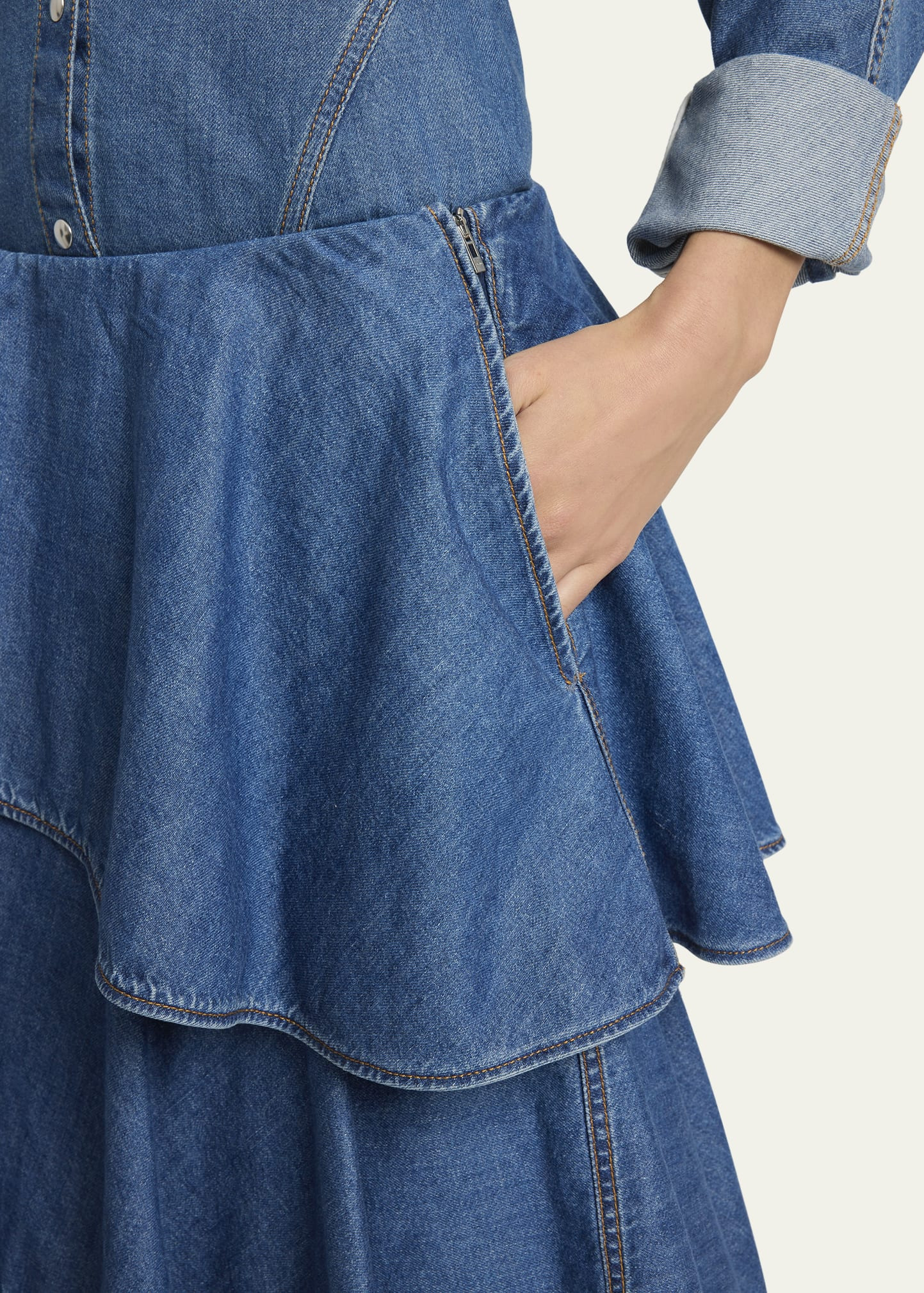 Spiral Ruffle Denim Midi Skirt - 5