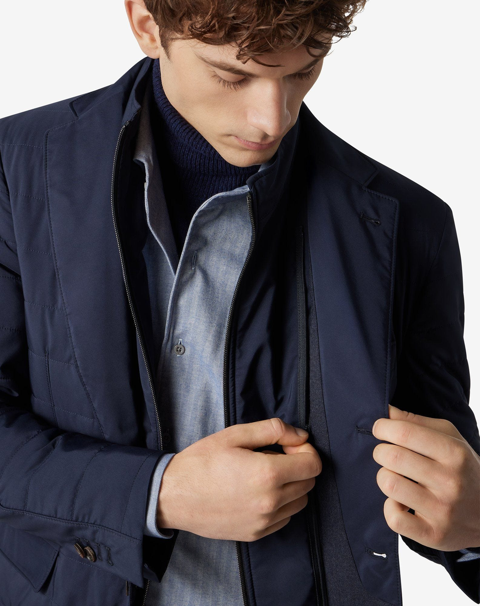 Blue techno poplin quilted jacket with detachable vest - 4