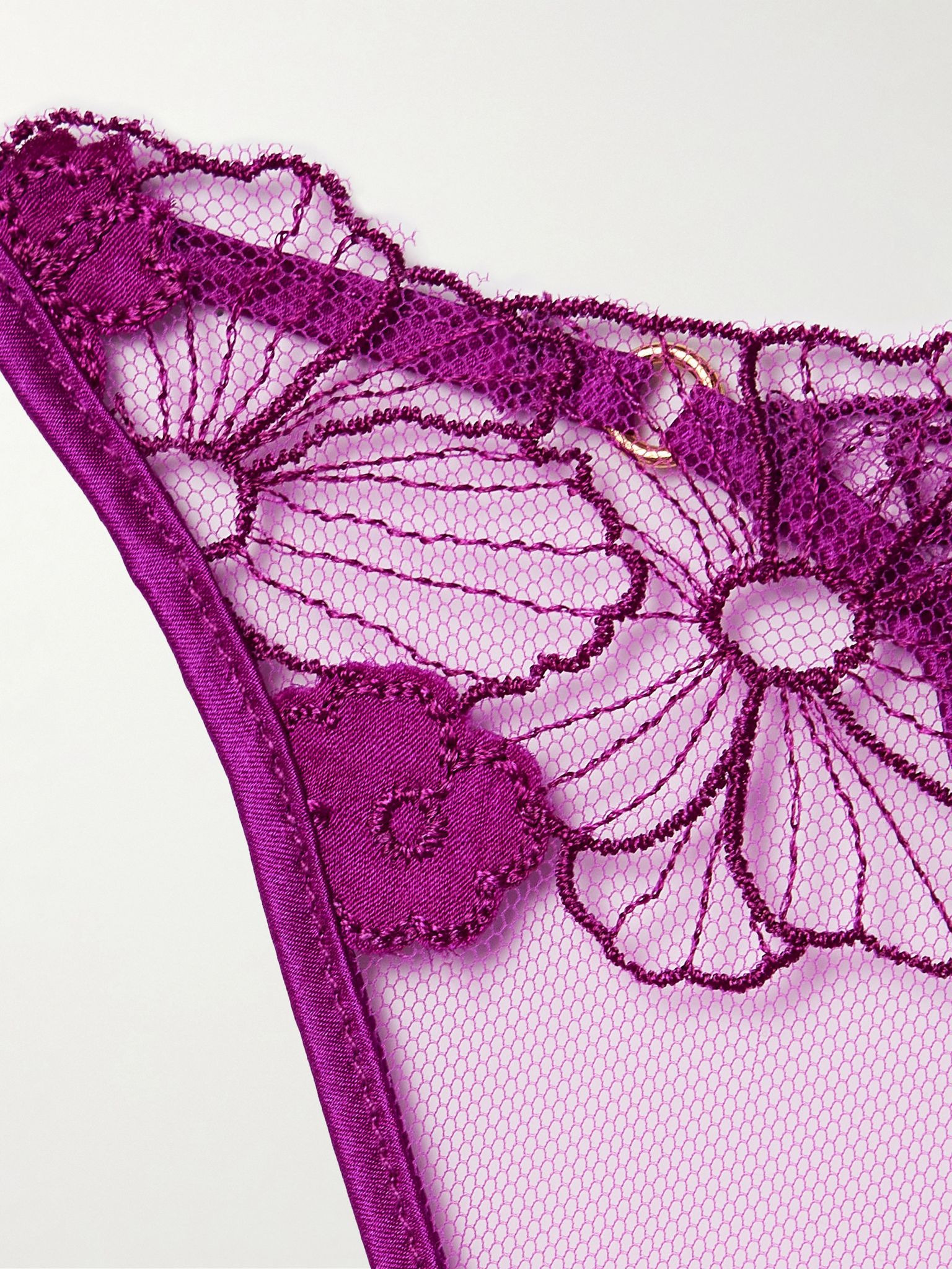 Violet satin-trimmed appliquéd embroidered tulle thong Violet - 4