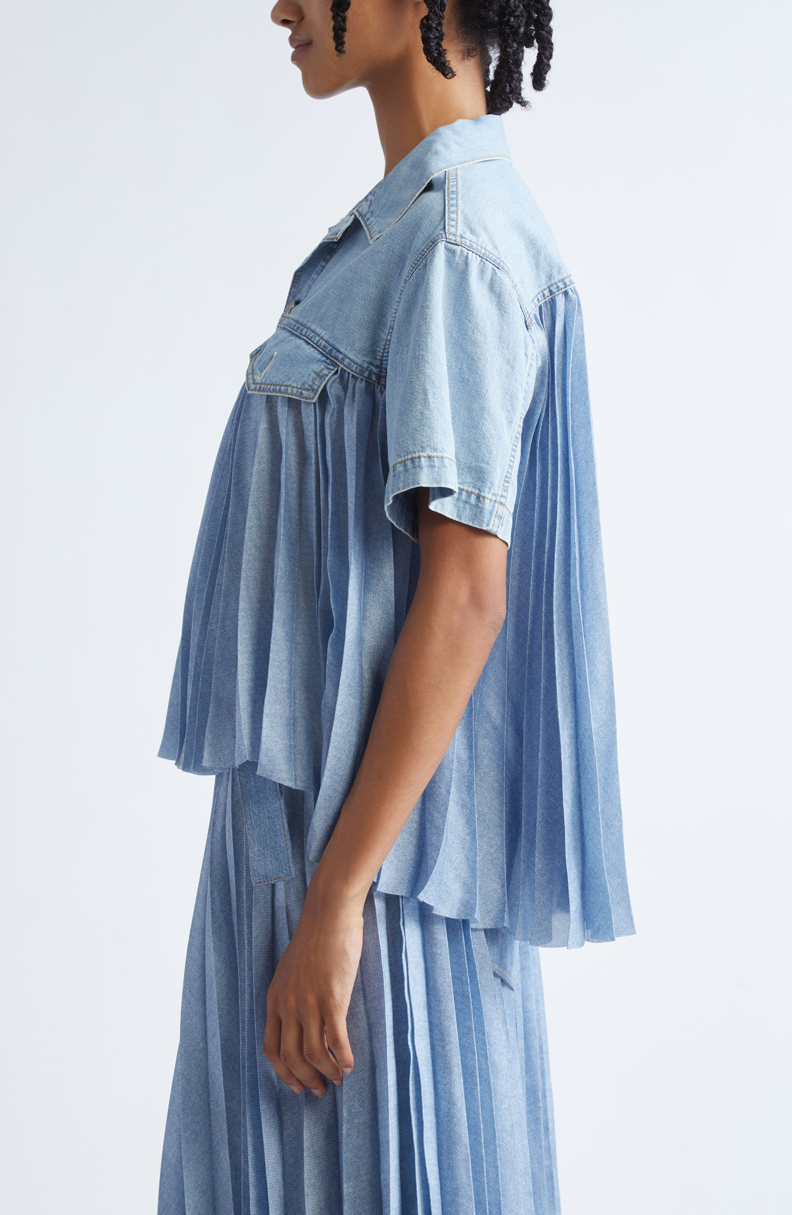 Sacai Mixed Media Short Sleeve Shirt in Light Blue at Nordstrom - 4