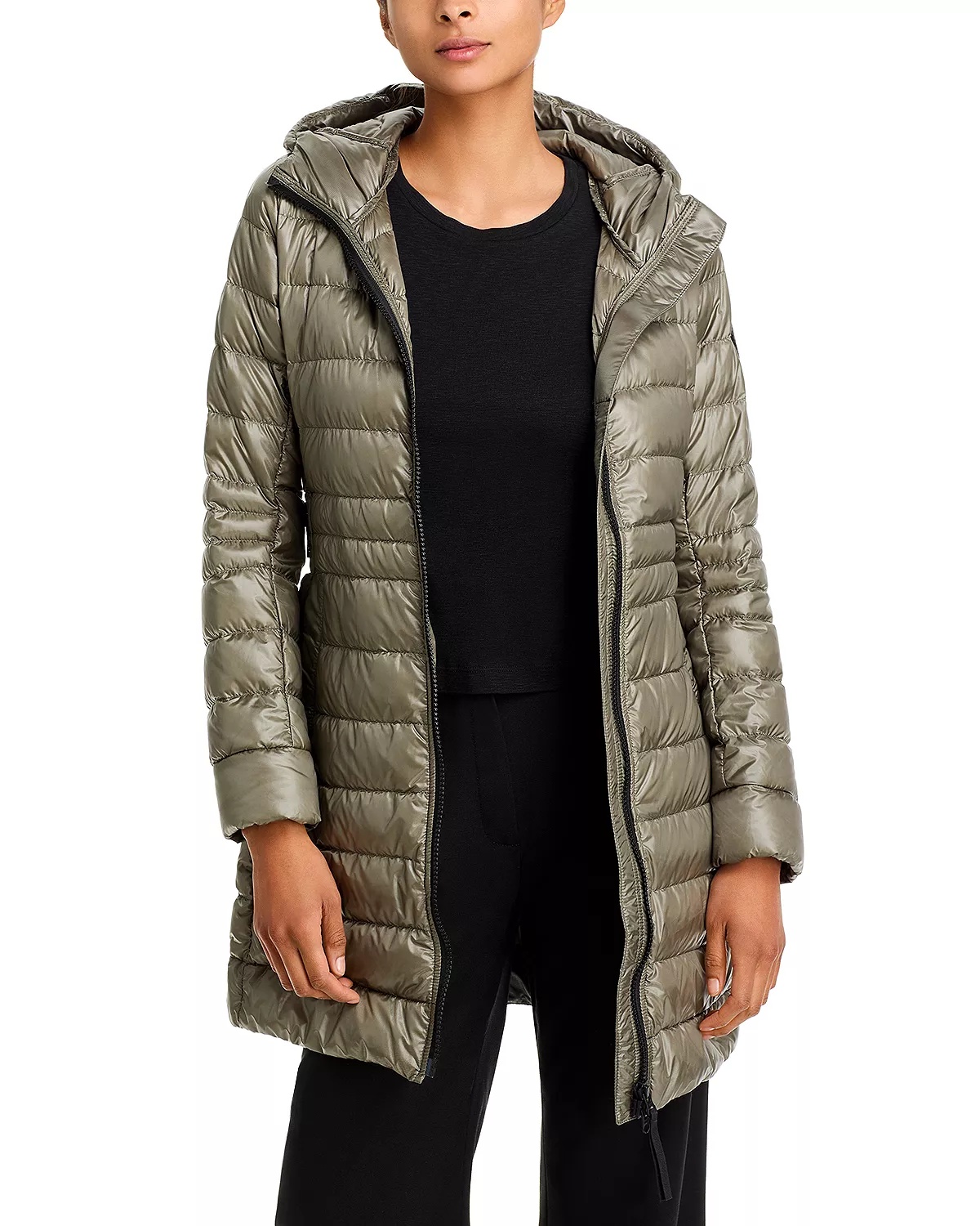 Cypress Hooded Mid-Length Down Coat with Black Disc - 1