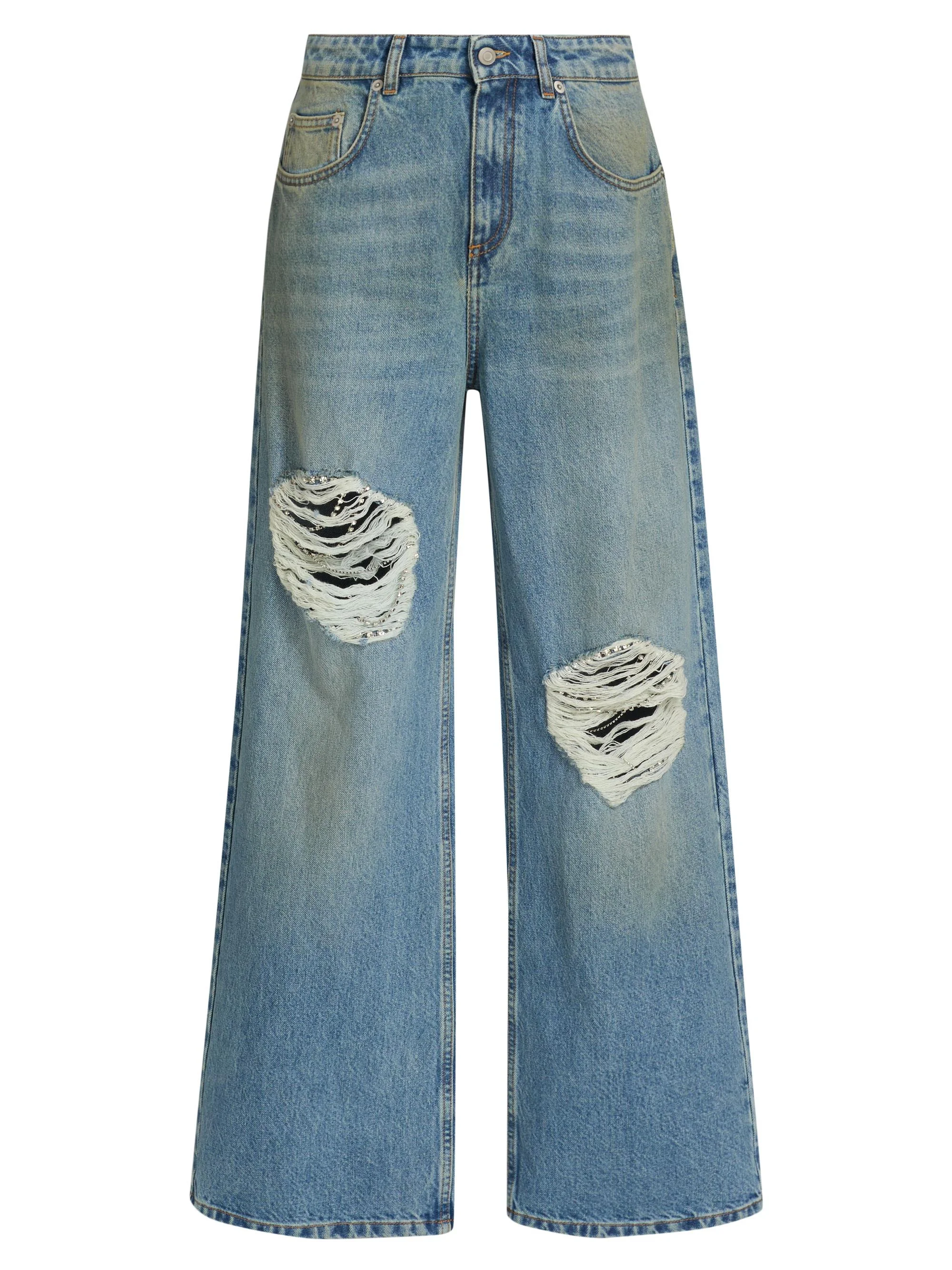 Women's Embellished Fray Relaxed Jeans - Medium Blue - 1