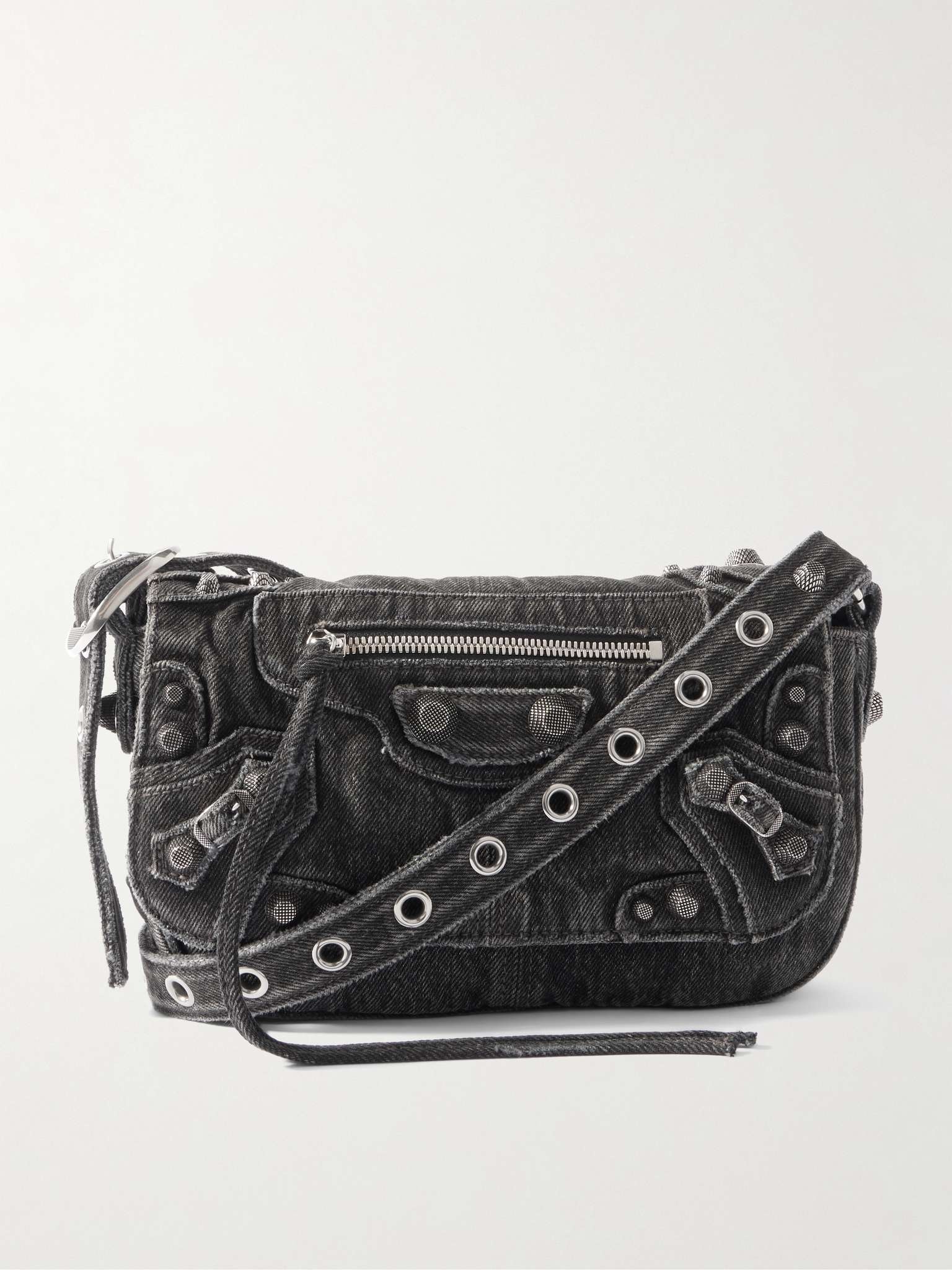 バレンシアガ LE CAGOLE XS FLAP BAG DENIM BLACK WASHED DENIM Balenciaga Le Cagole XS Shoulder Bag In Denim | Neiman Marcus