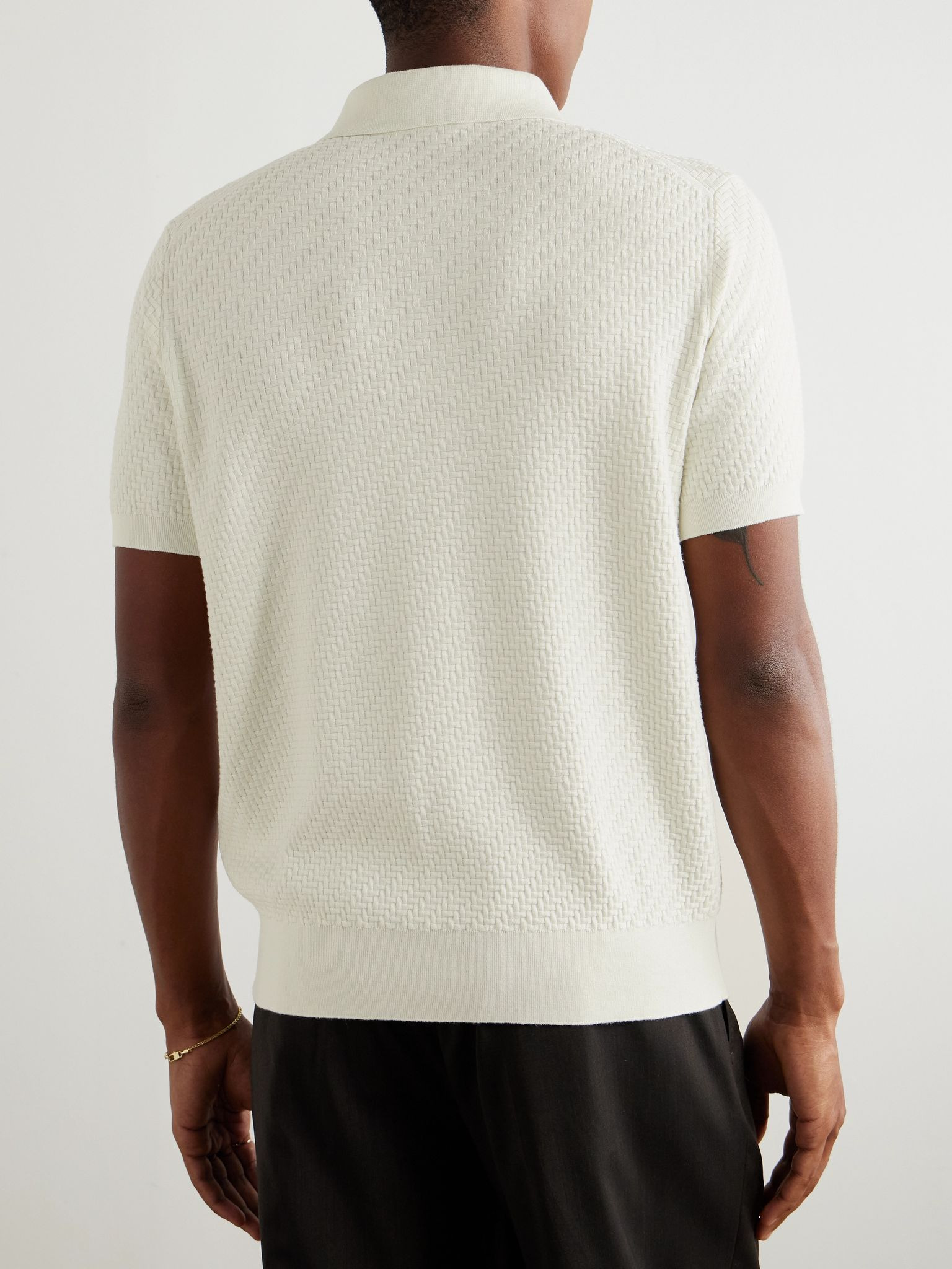 Basketweave Cotton, Silk and Cashmere-Blend Polo Shirt White - 3