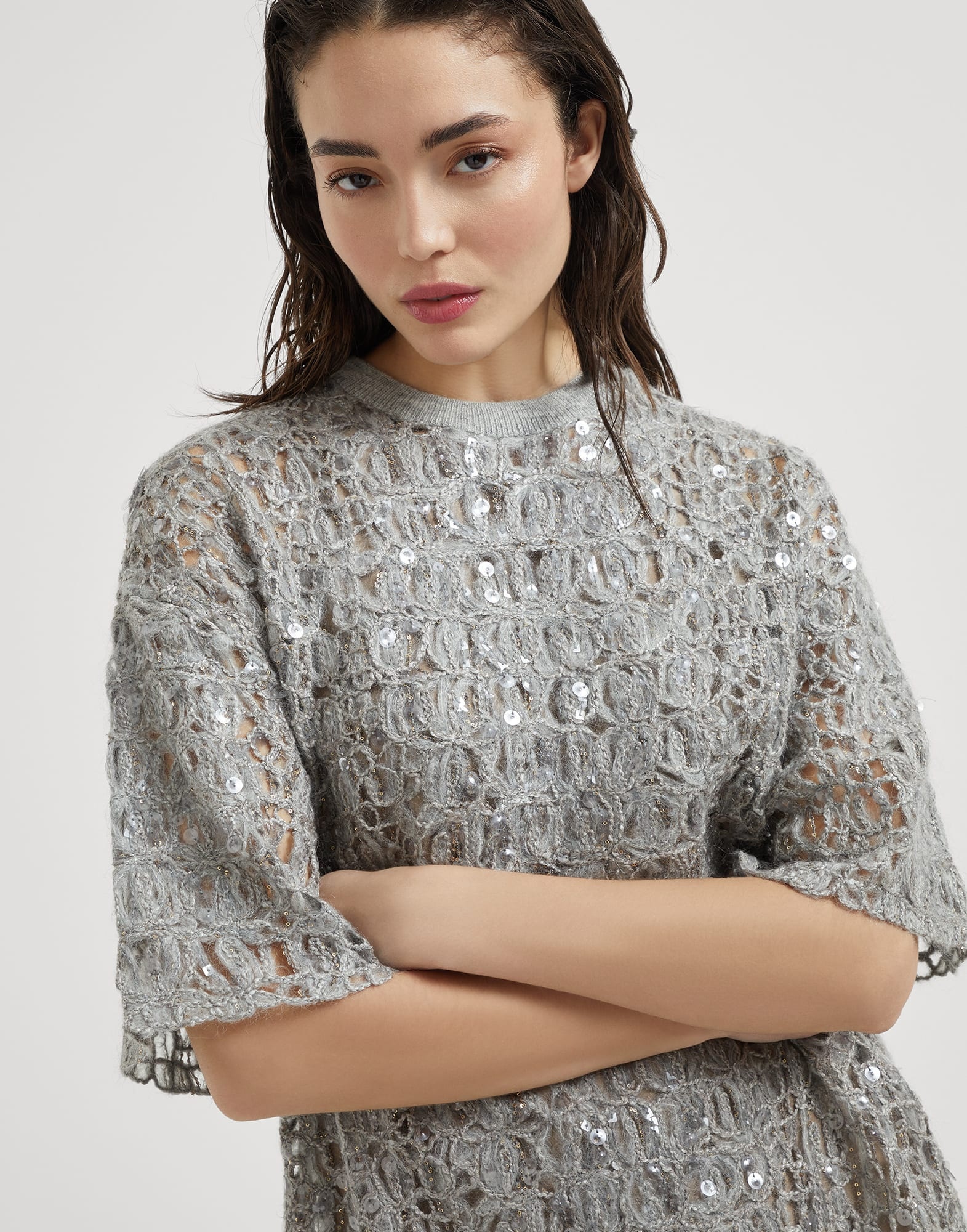 Dazzling croc embroidery mini knit T-shirt dress in mohair, silk and linen - 3